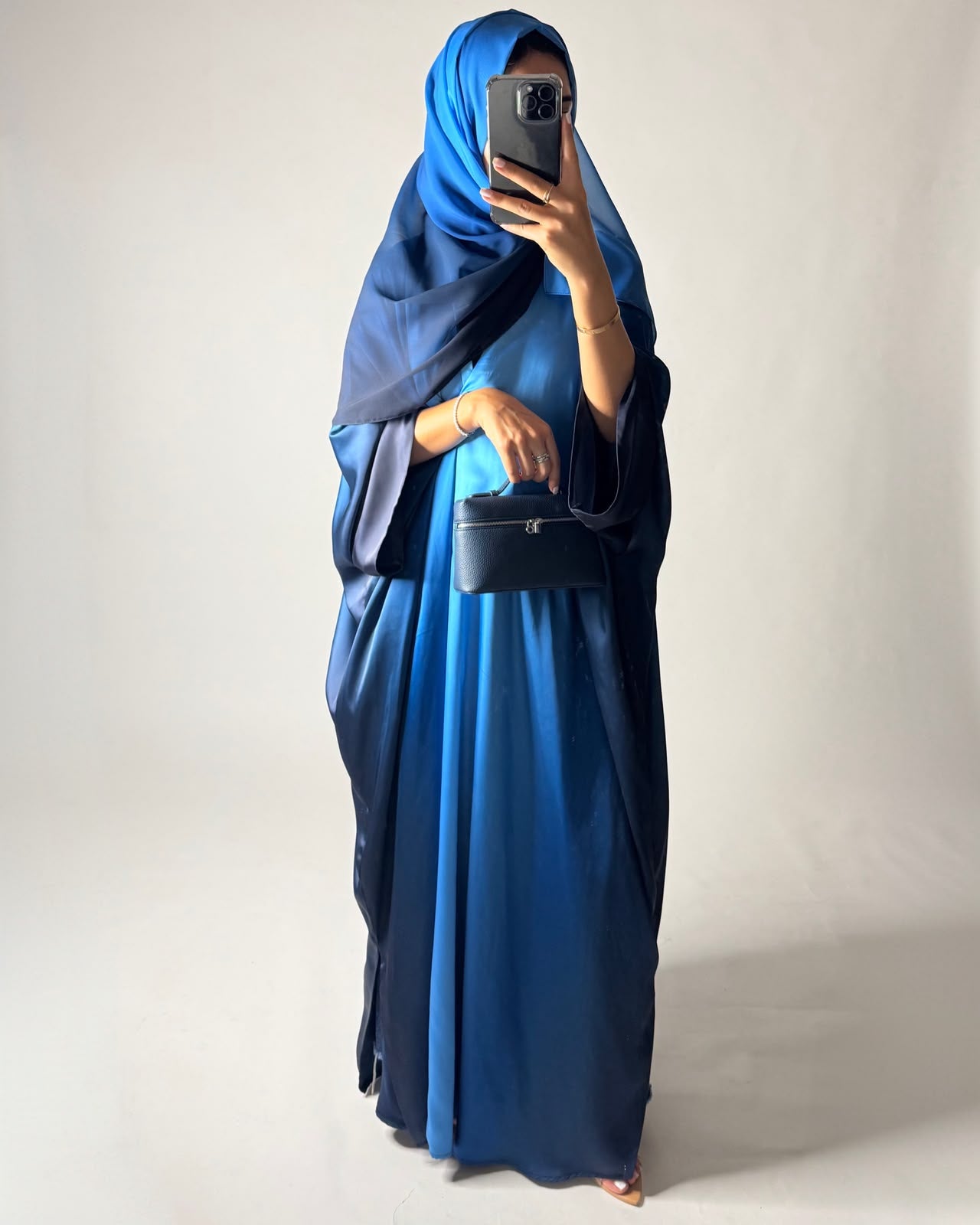 A621 - Shades Of Blue Ombre Summery Bisht Cut Abaya with Matching Head Scarf