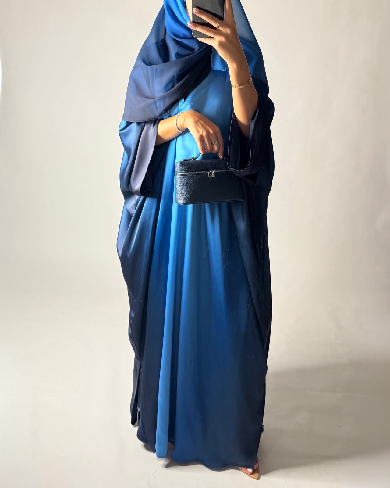 A621 - Shades Of Blue Ombre Summery Bisht Cut Abaya with Matching Head Scarf