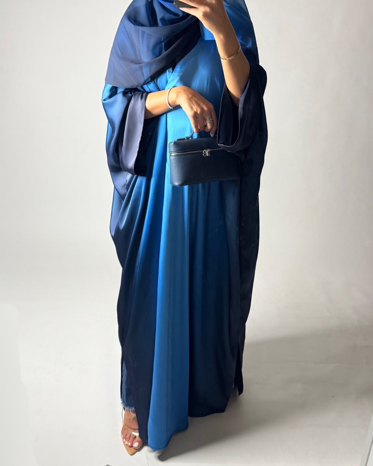A621 - Shades Of Blue Ombre Summery Bisht Cut Abaya with Matching Head Scarf