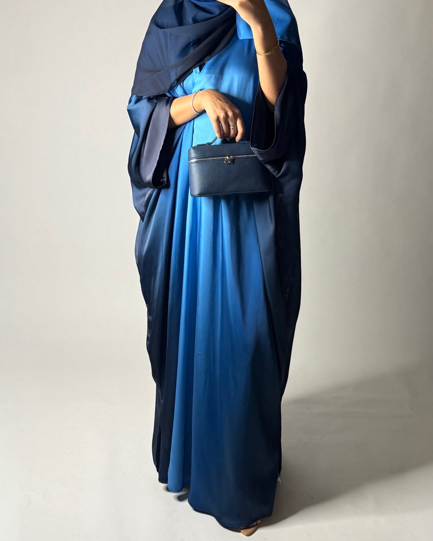 A621 - Shades Of Blue Ombre Summery Bisht Cut Abaya with Matching Head Scarf