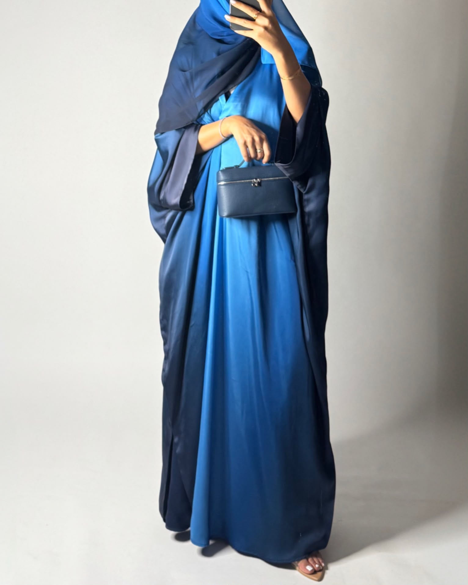 A621 - Shades Of Blue Ombre Summery Bisht Cut Abaya with Matching Head Scarf