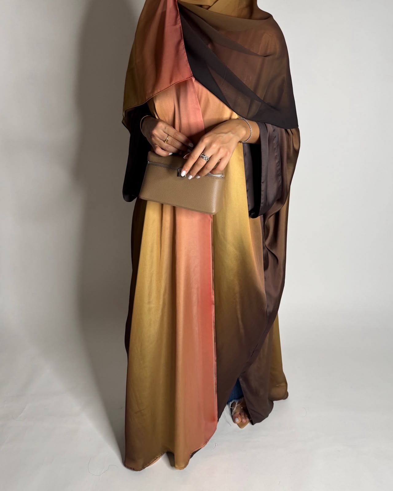 A623 - Brown, Mustard & Peach Ombre Summery Bisht Cut Abaya with Matching Head Scarf