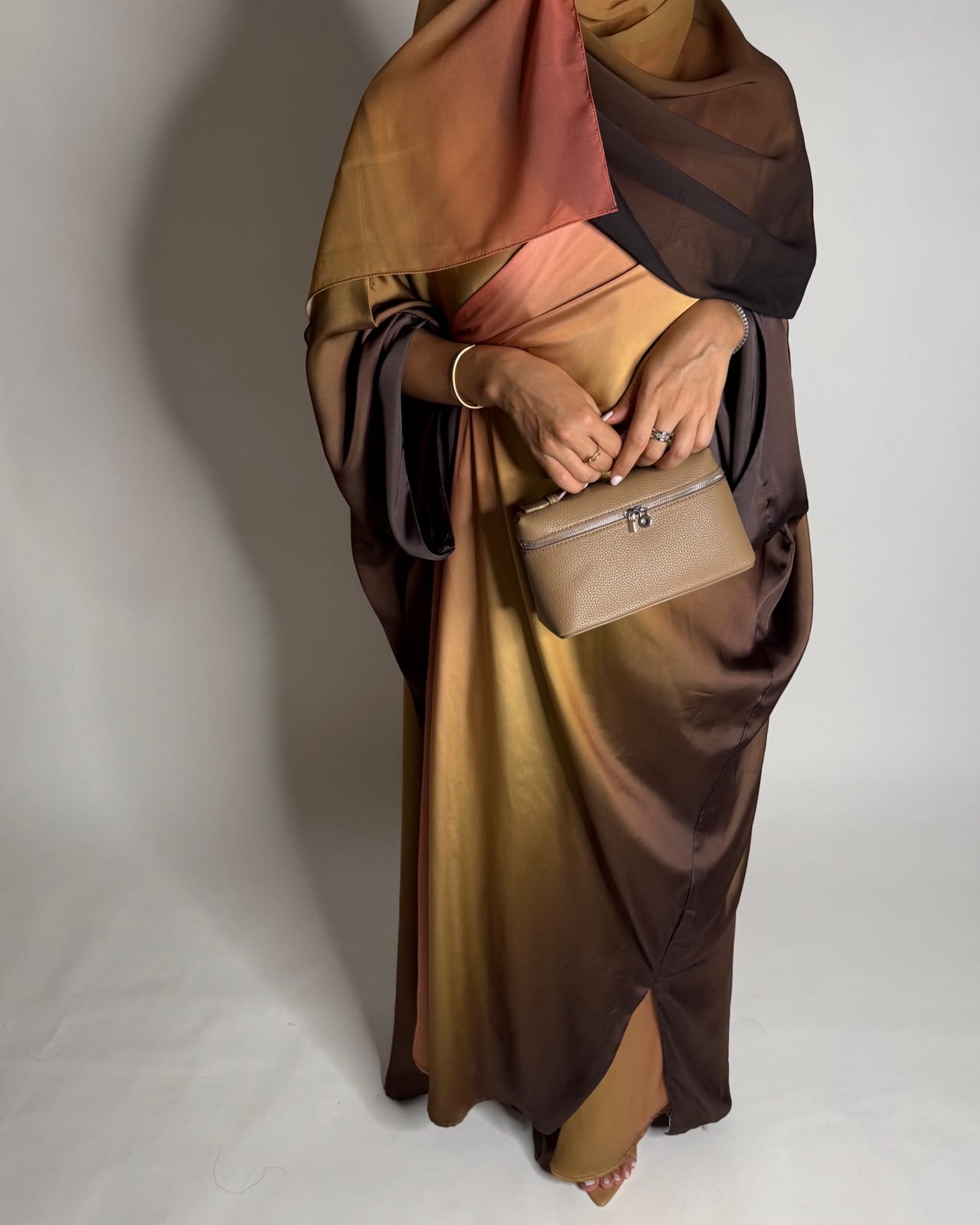 A623 - Brown, Mustard & Peach Ombre Summery Bisht Cut Abaya with Matching Head Scarf