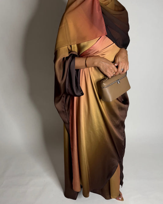 A623 - Brown, Mustard & Peach Ombre Summery Bisht Cut Abaya with Matching Head Scarf