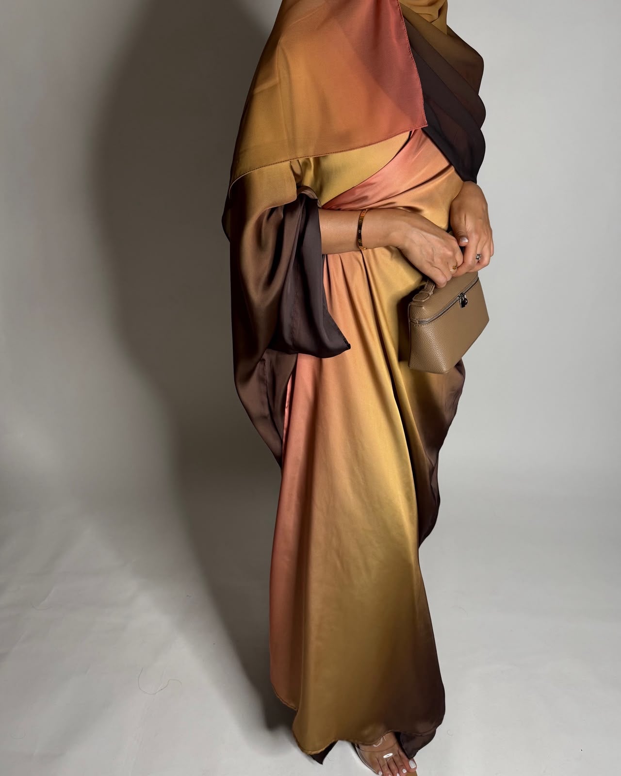 A623 - Brown, Mustard & Peach Ombre Summery Bisht Cut Abaya with Matching Head Scarf