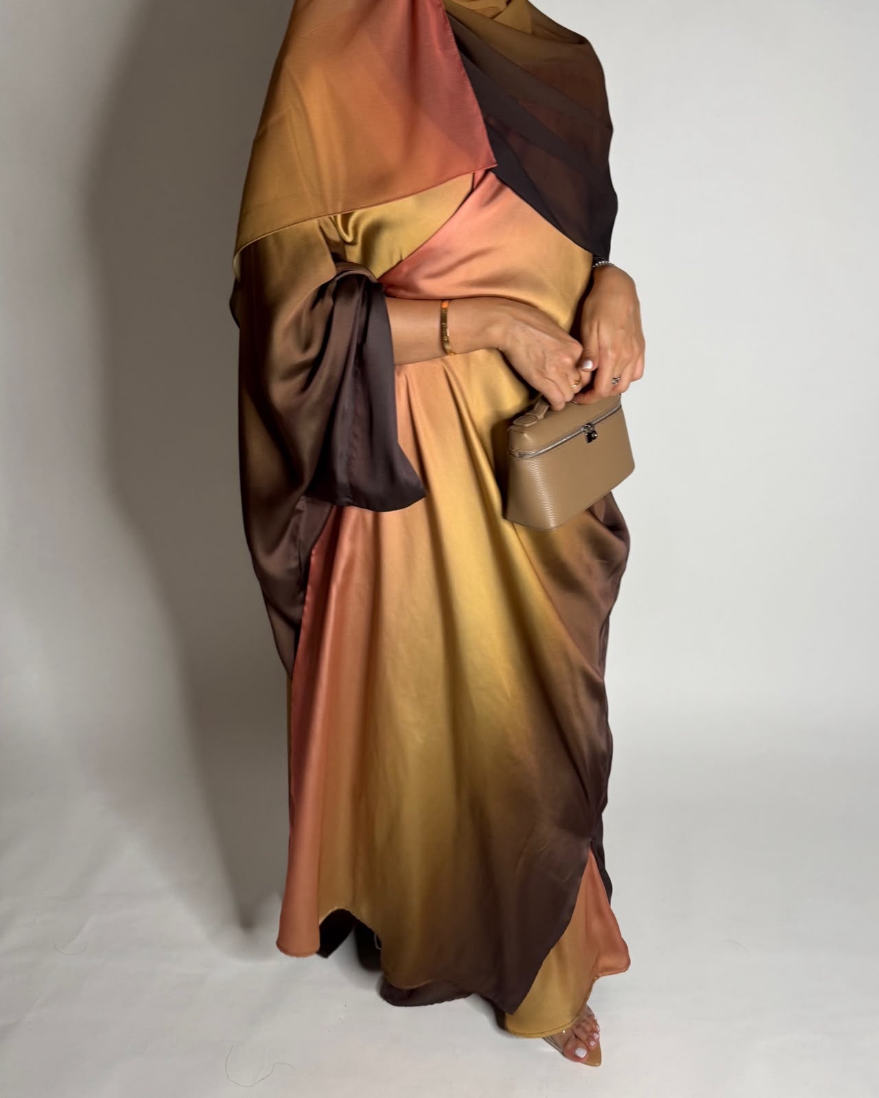 A623 - Brown, Mustard & Peach Ombre Summery Bisht Cut Abaya with Matching Head Scarf