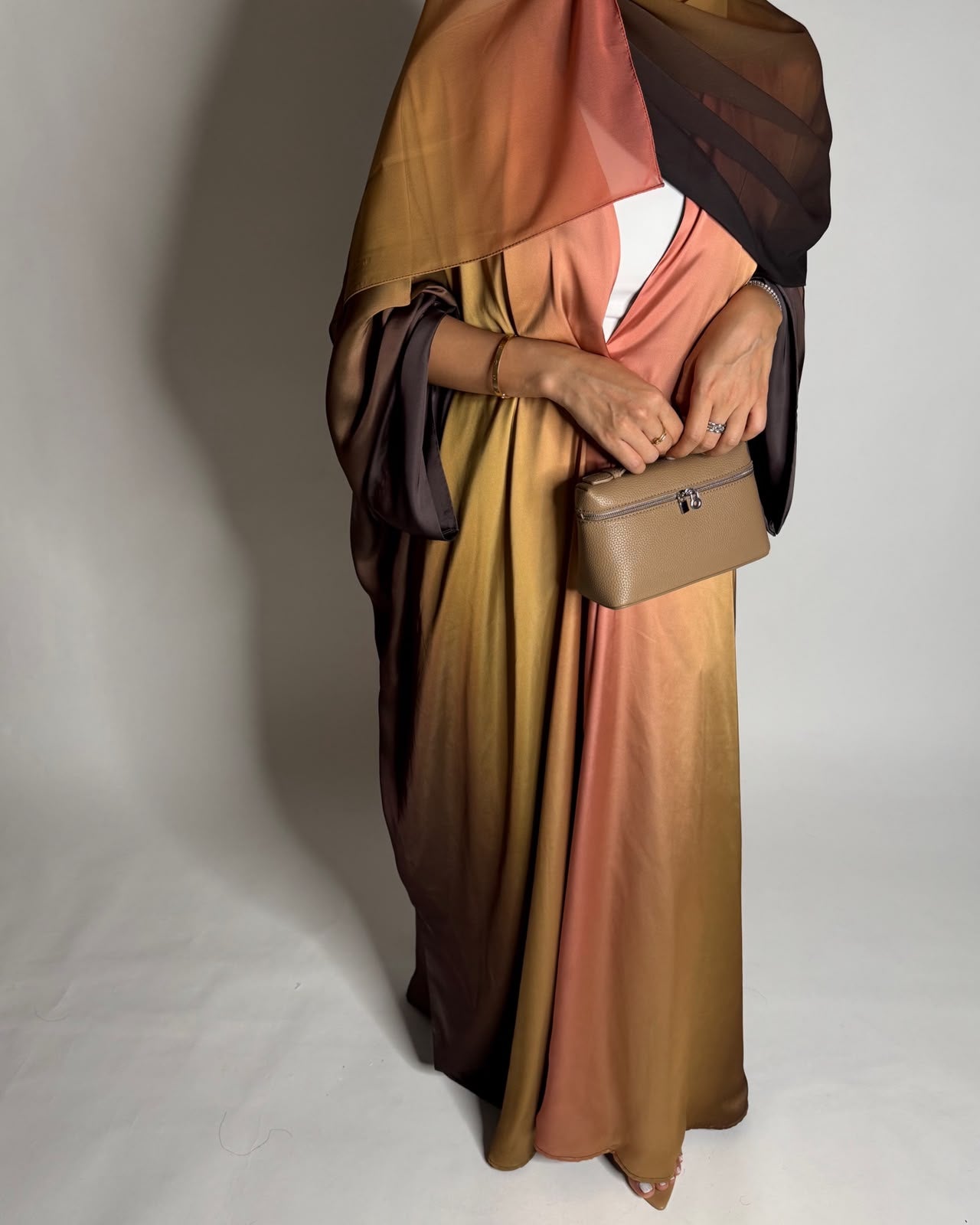 A623 - Brown, Mustard & Peach Ombre Summery Bisht Cut Abaya with Matching Head Scarf