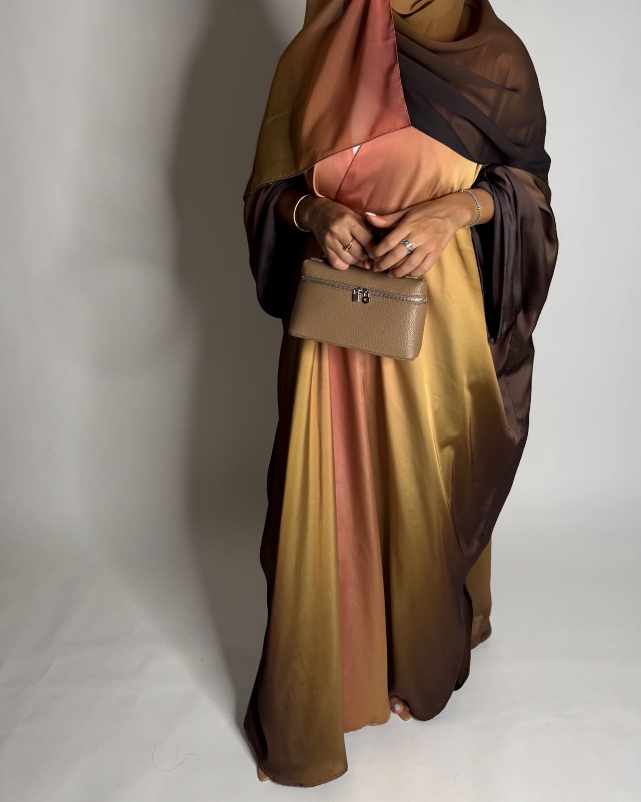 A623 - Brown, Mustard & Peach Ombre Summery Bisht Cut Abaya with Matching Head Scarf