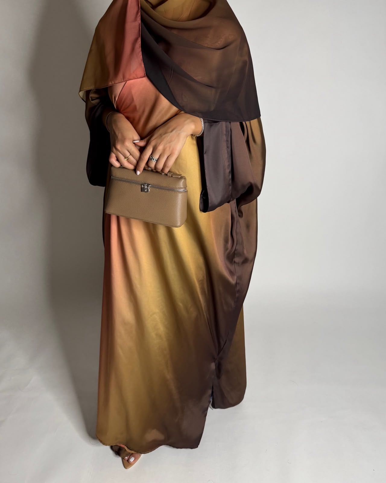 A623 - Brown, Mustard & Peach Ombre Summery Bisht Cut Abaya with Matching Head Scarf