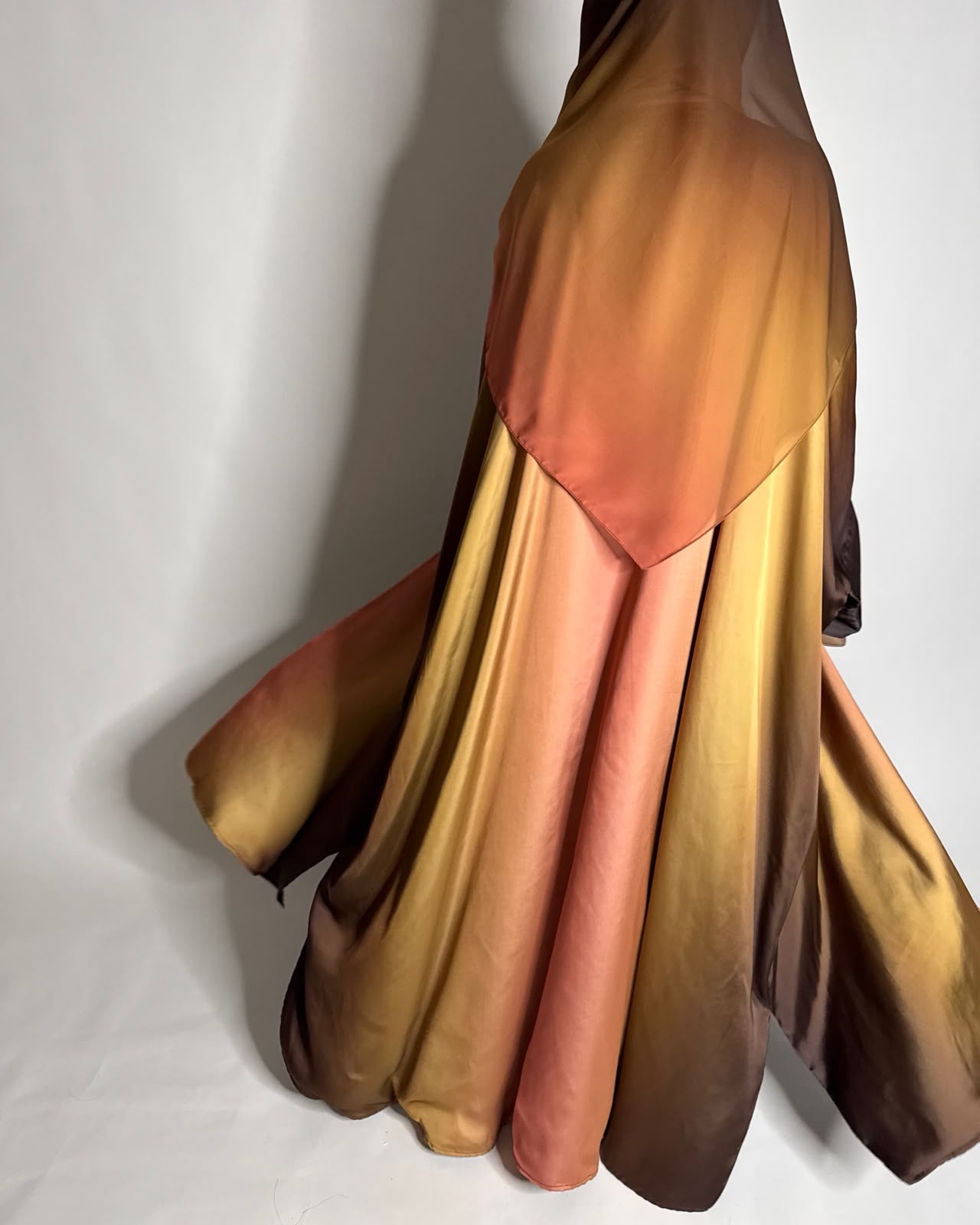 A623 - Brown, Mustard & Peach Ombre Summery Bisht Cut Abaya with Matching Head Scarf