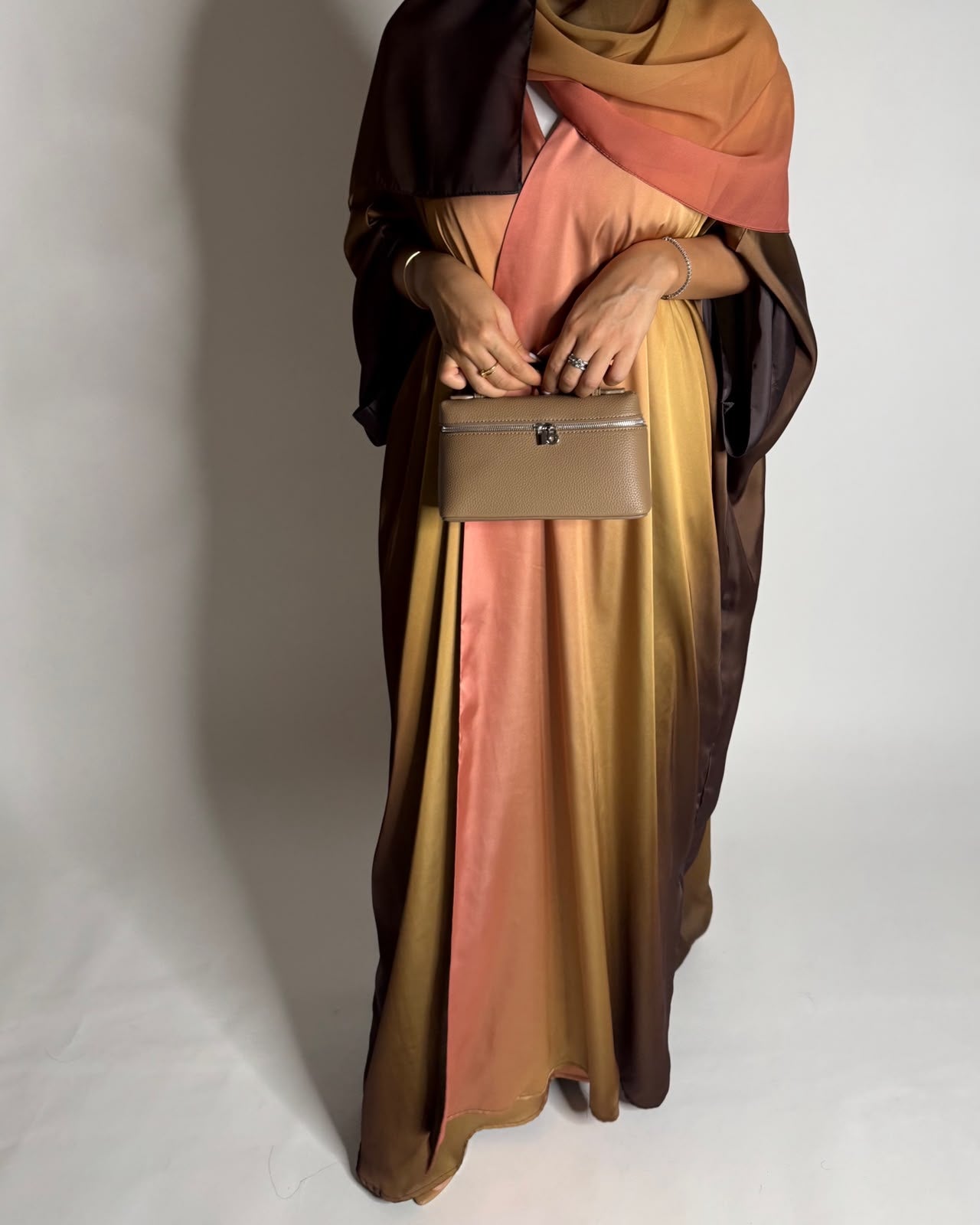 A623 - Brown, Mustard & Peach Ombre Summery Bisht Cut Abaya with Matching Head Scarf