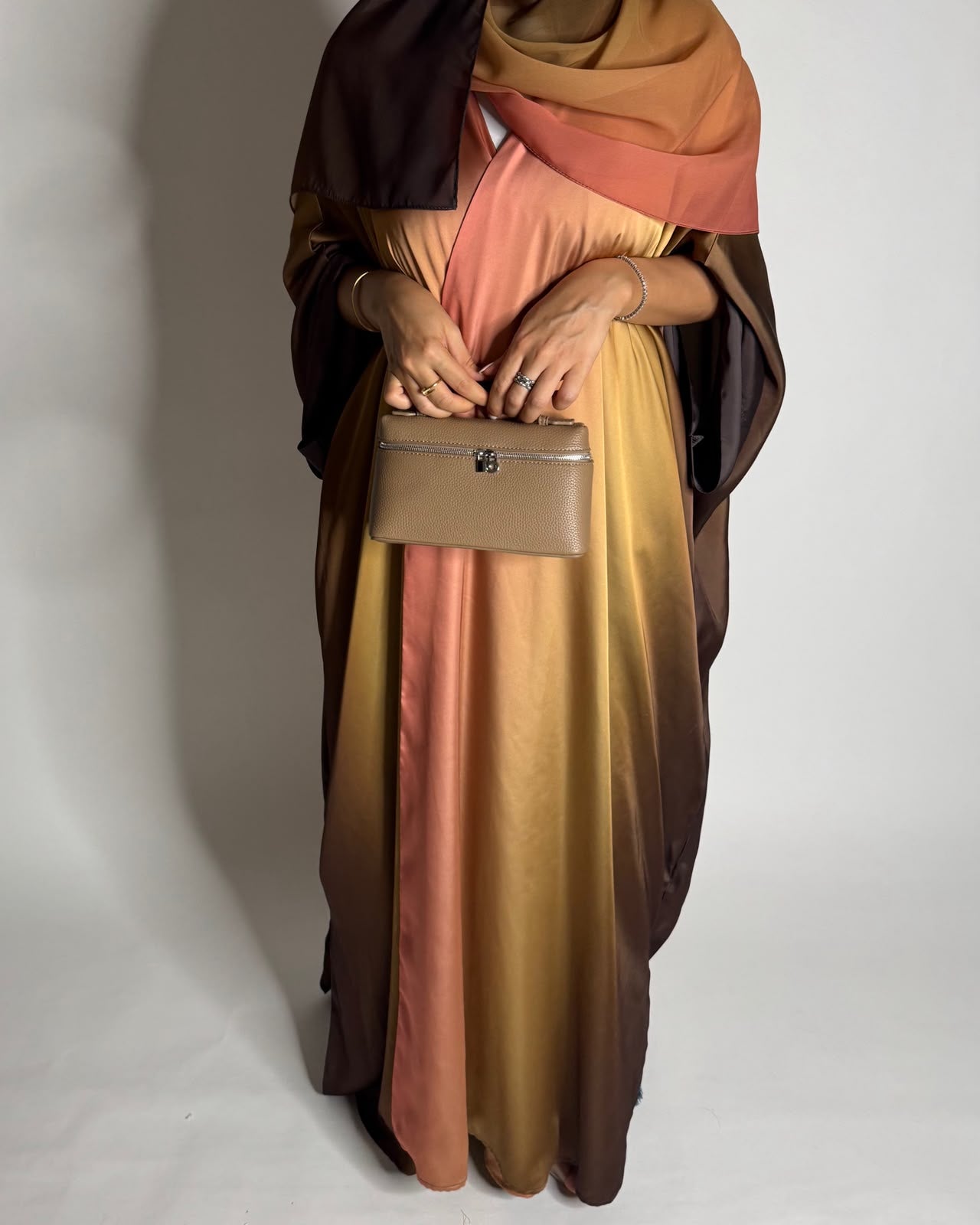 A623 - Brown, Mustard & Peach Ombre Summery Bisht Cut Abaya with Matching Head Scarf