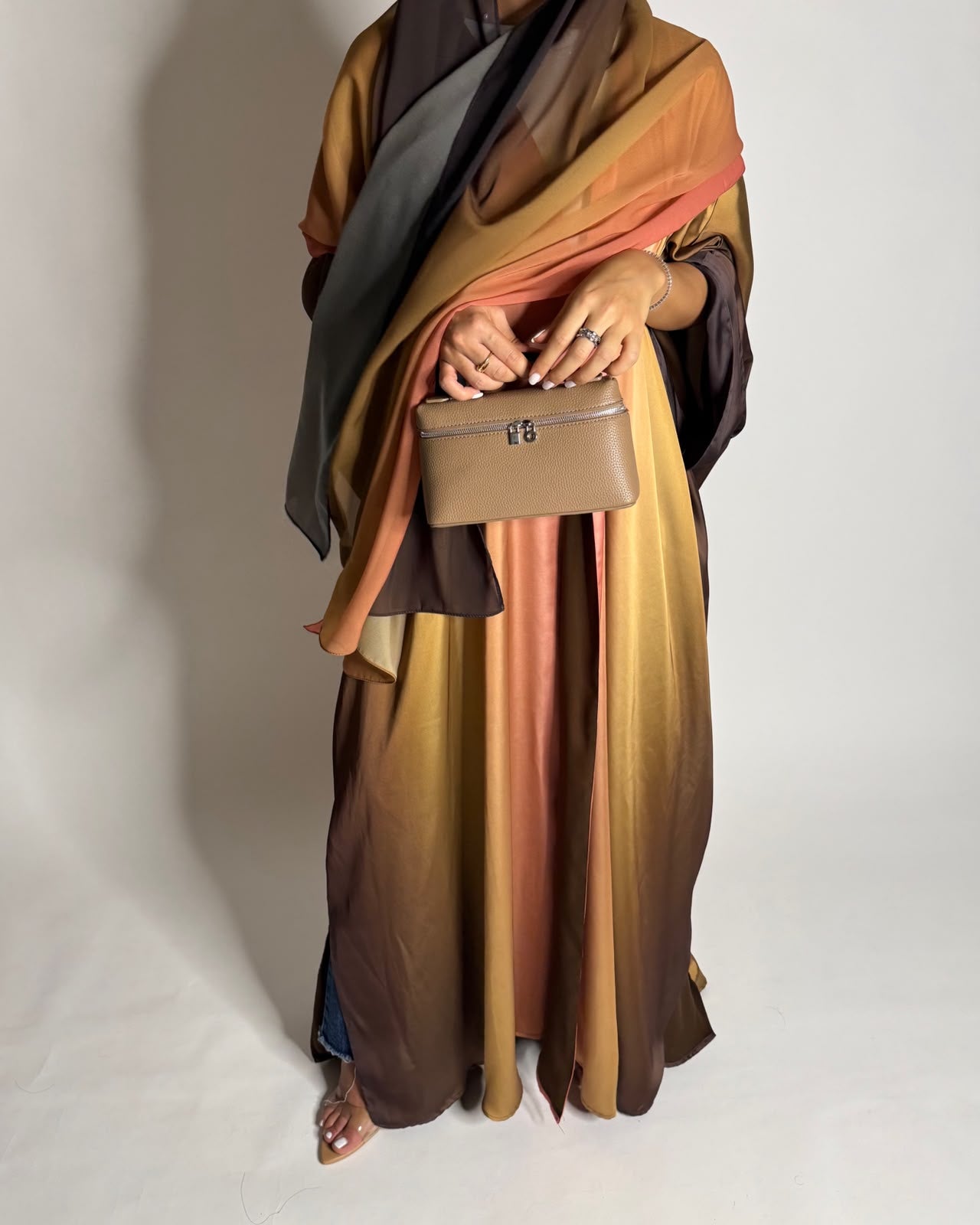 A623 - Brown, Mustard & Peach Ombre Summery Bisht Cut Abaya with Matching Head Scarf