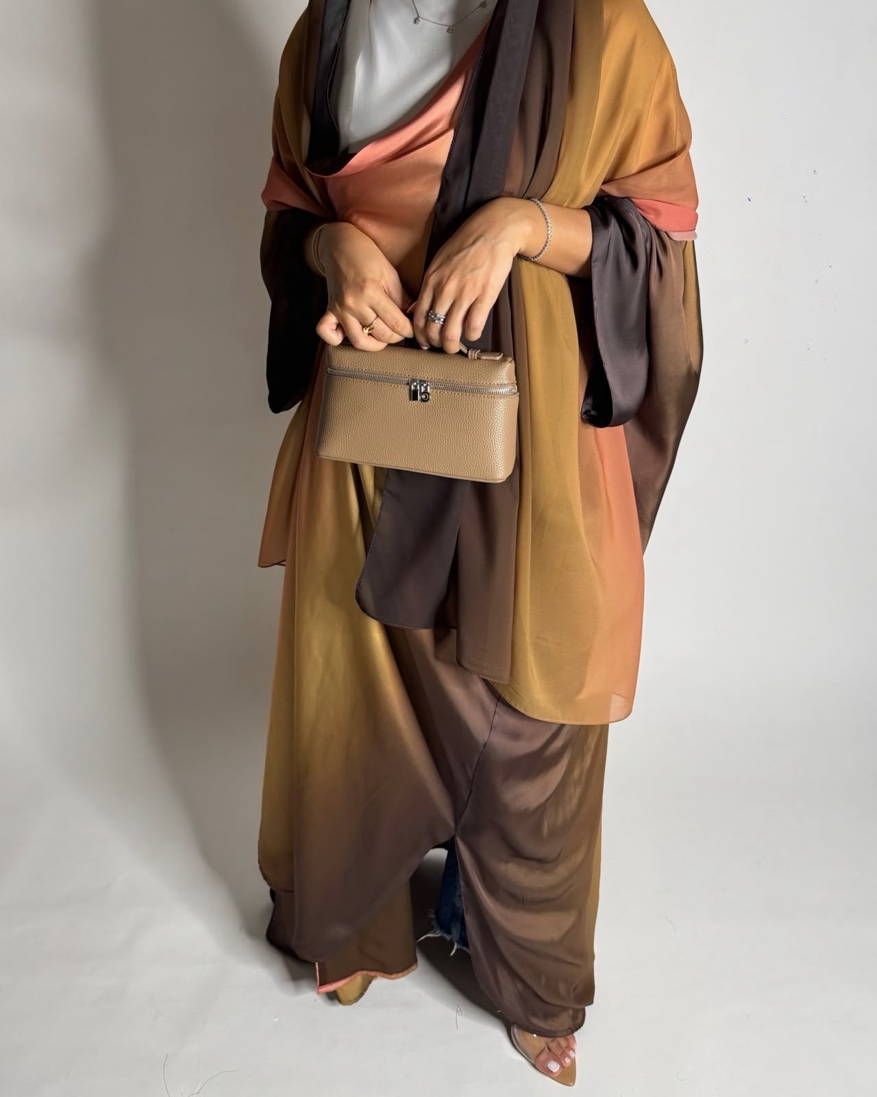 A623 - Brown, Mustard & Peach Ombre Summery Bisht Cut Abaya with Matching Head Scarf