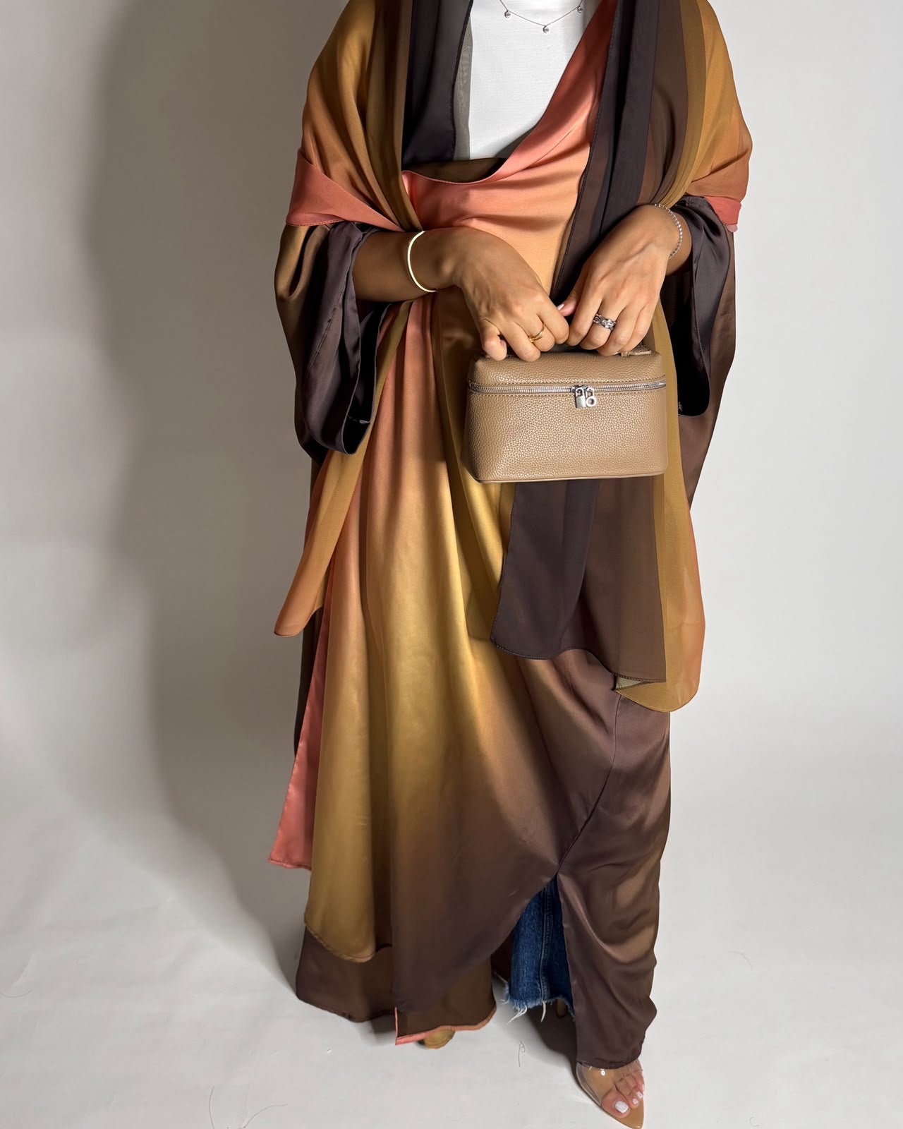 A623 - Brown, Mustard & Peach Ombre Summery Bisht Cut Abaya with Matching Head Scarf
