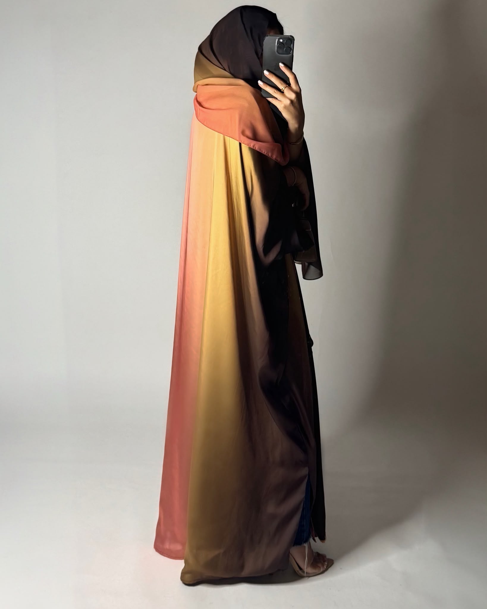 A623 - Brown, Mustard & Peach Ombre Summery Bisht Cut Abaya with Matching Head Scarf