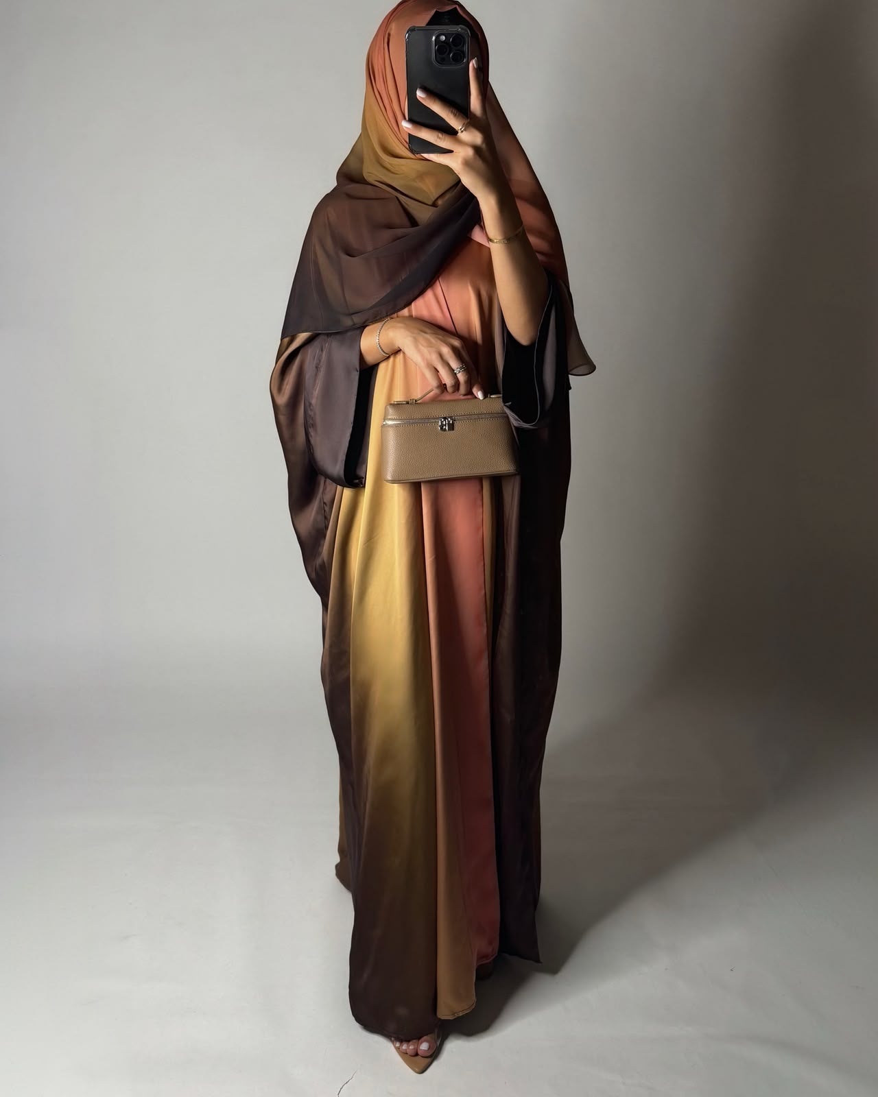 A623 - Brown, Mustard & Peach Ombre Summery Bisht Cut Abaya with Matching Head Scarf