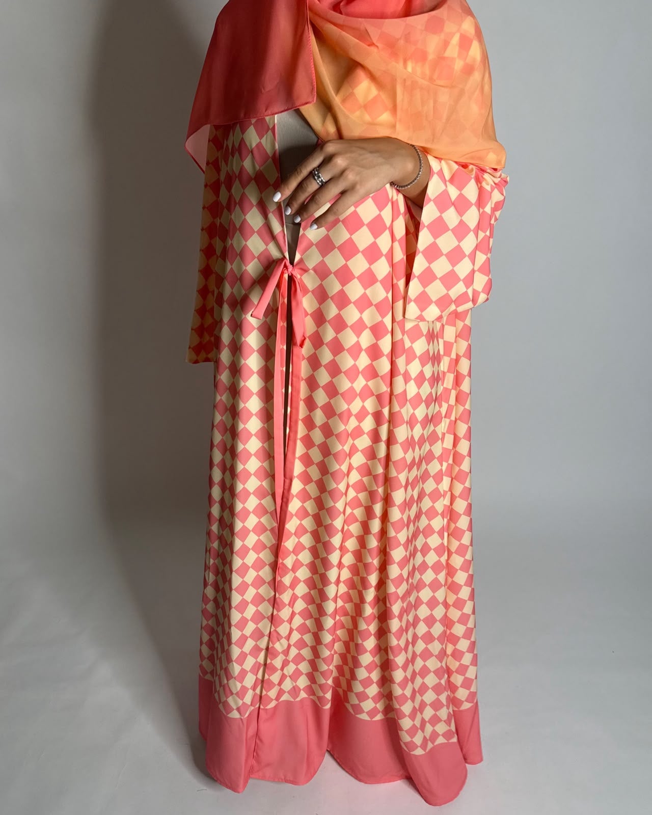 A629 - Pink & Yellow Checkered A-CUT Abaya with Matching Ombre Head Scarf