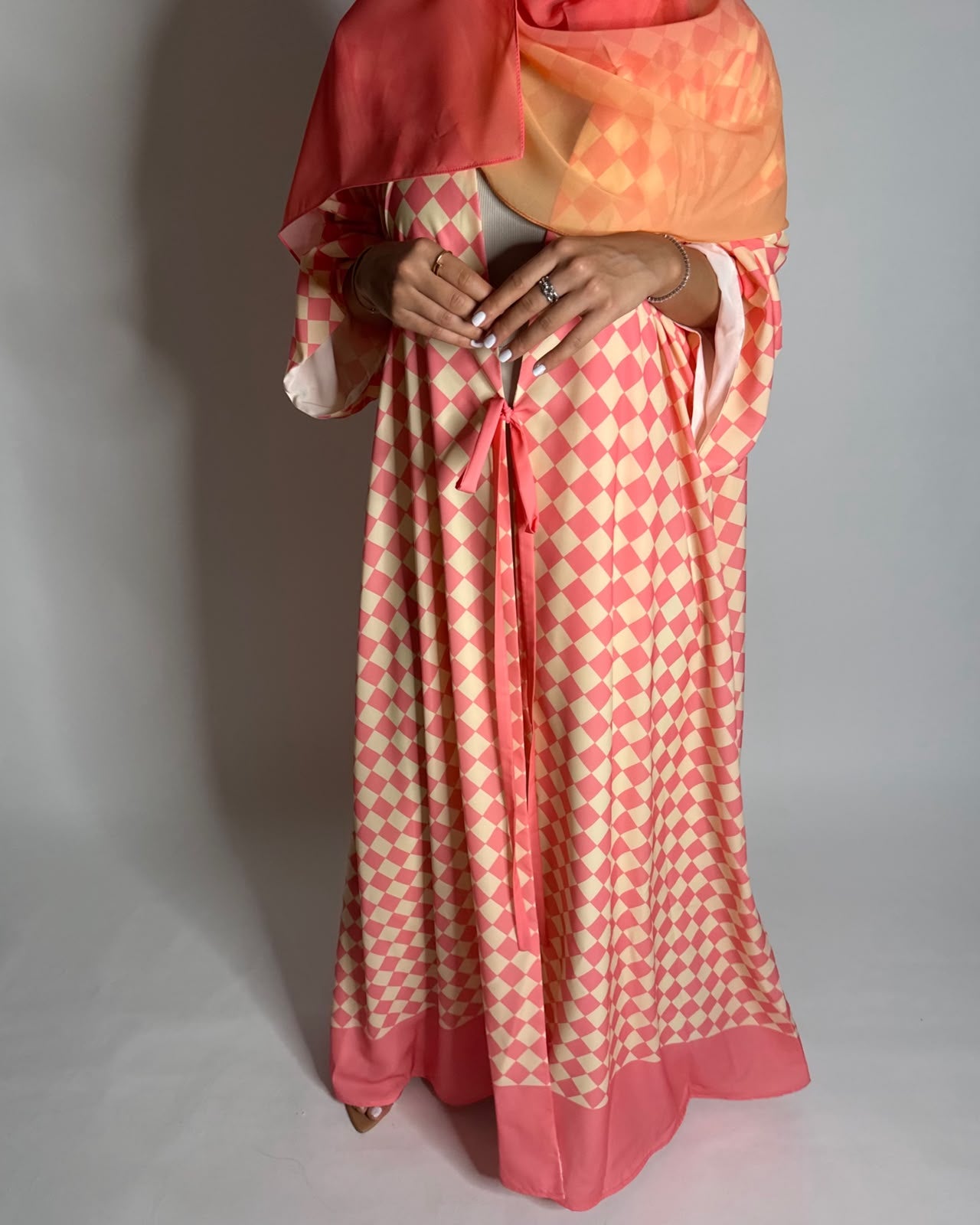 A629 - Pink & Yellow Checkered A-CUT Abaya with Matching Ombre Head Scarf