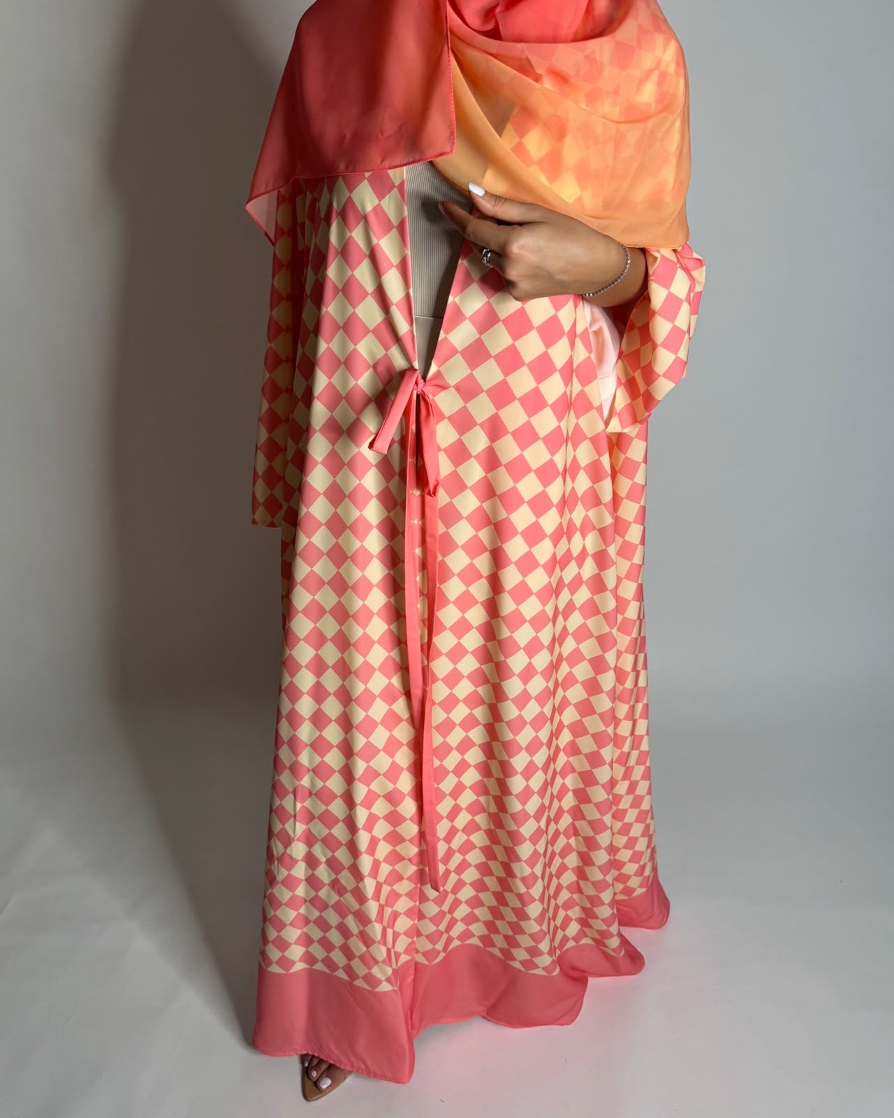 A629 - Pink & Yellow Checkered A-CUT Abaya with Matching Ombre Head Scarf