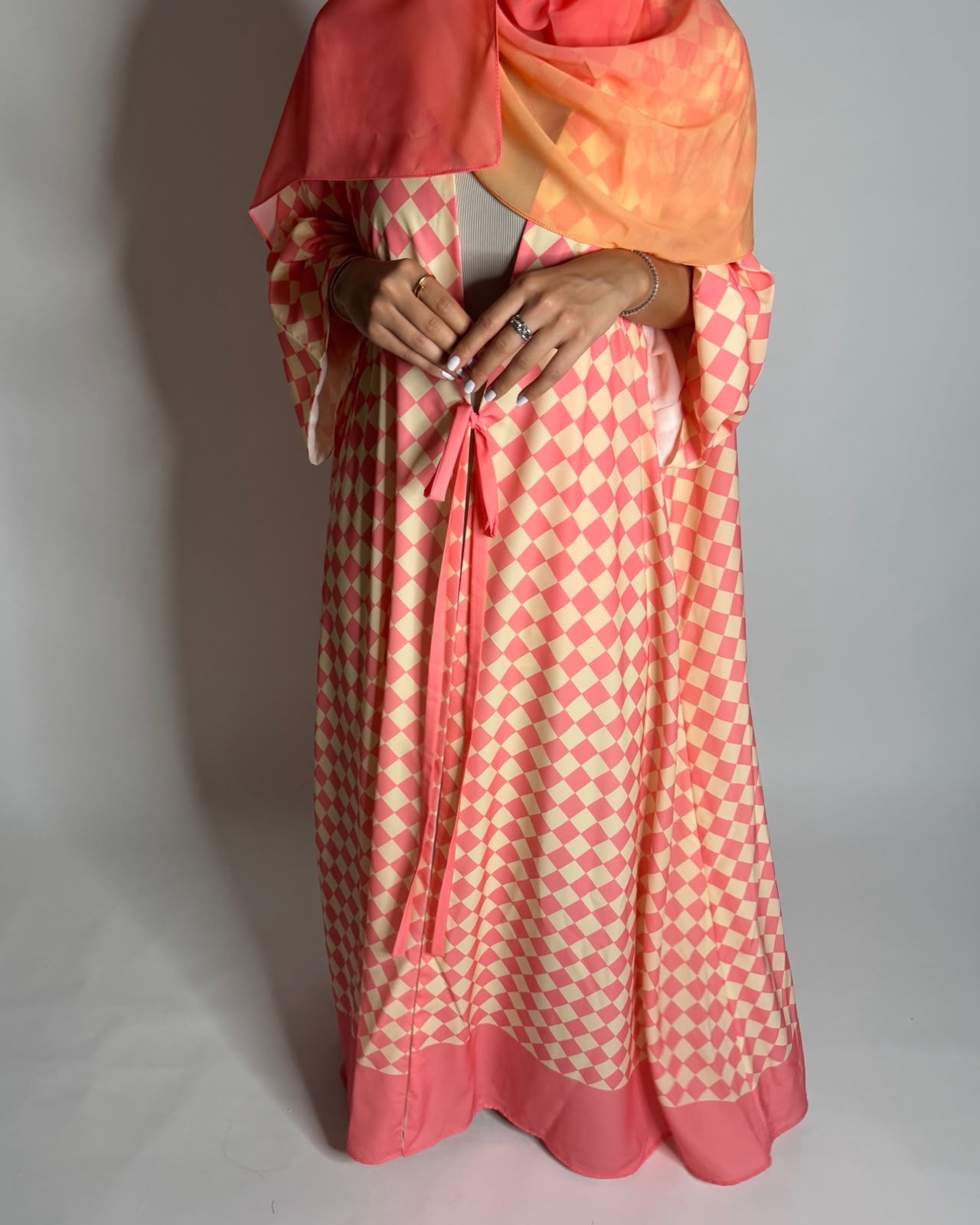 A629 - Pink & Yellow Checkered A-CUT Abaya with Matching Ombre Head Scarf