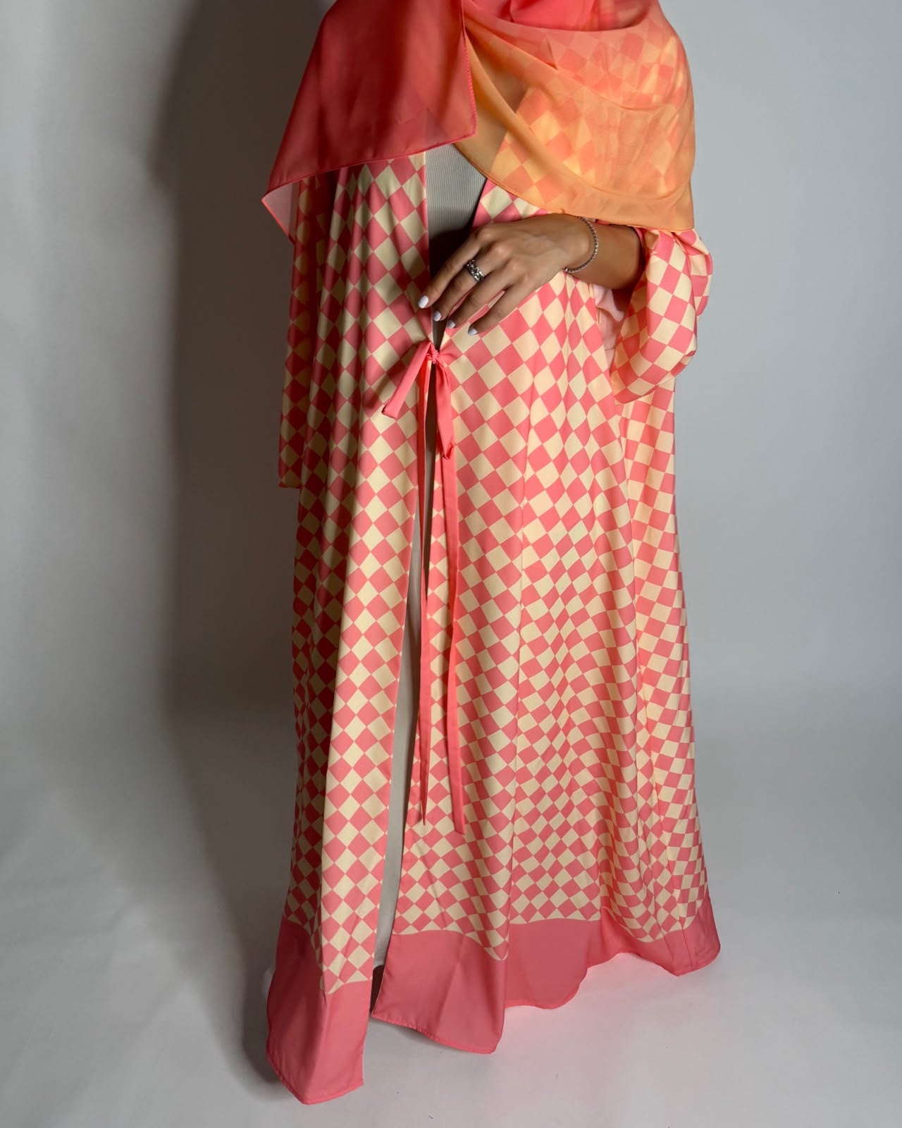A629 - Pink & Yellow Checkered A-CUT Abaya with Matching Ombre Head Scarf