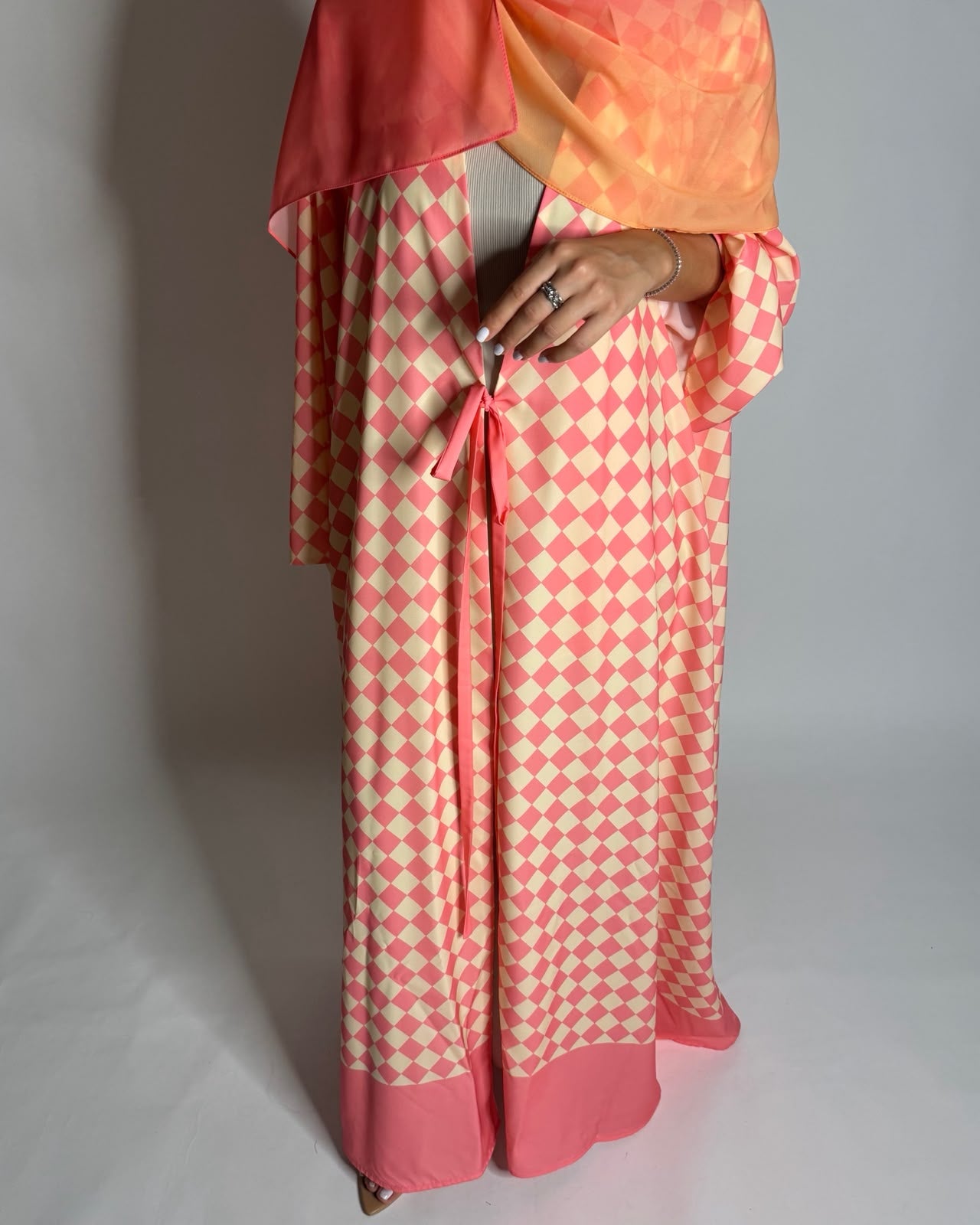 A629 - Pink & Yellow Checkered A-CUT Abaya with Matching Ombre Head Scarf