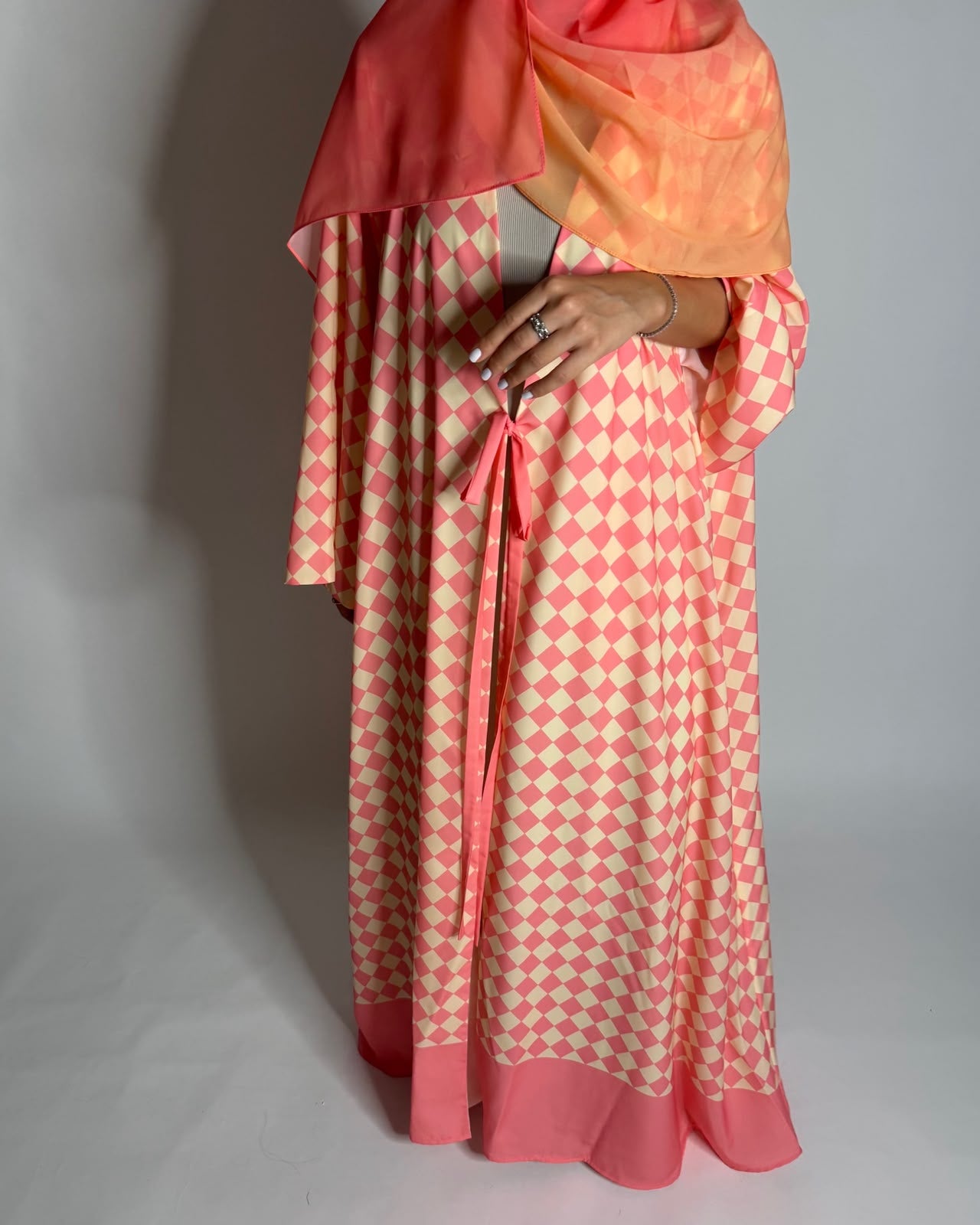 A629 - Pink & Yellow Checkered A-CUT Abaya with Matching Ombre Head Scarf