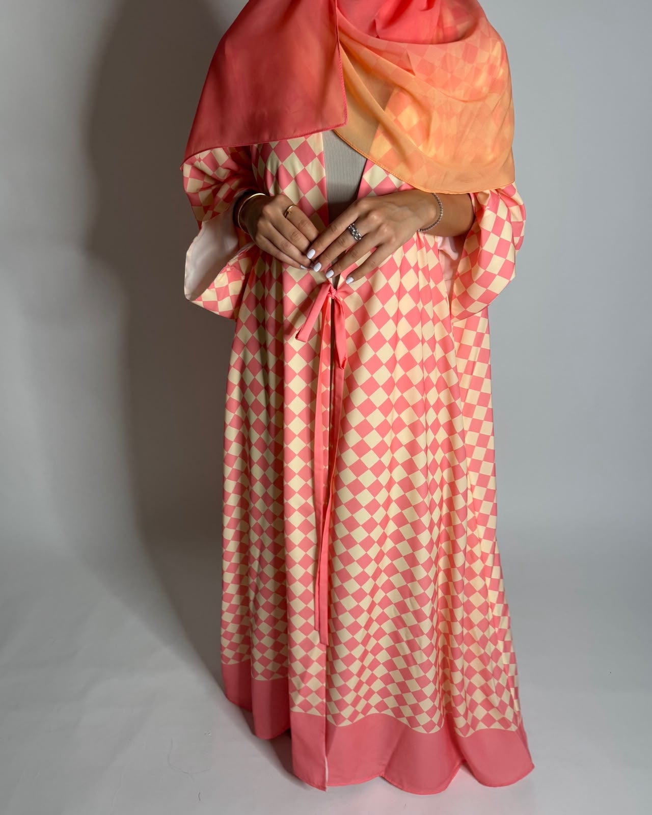A629 - Pink & Yellow Checkered A-CUT Abaya with Matching Ombre Head Scarf