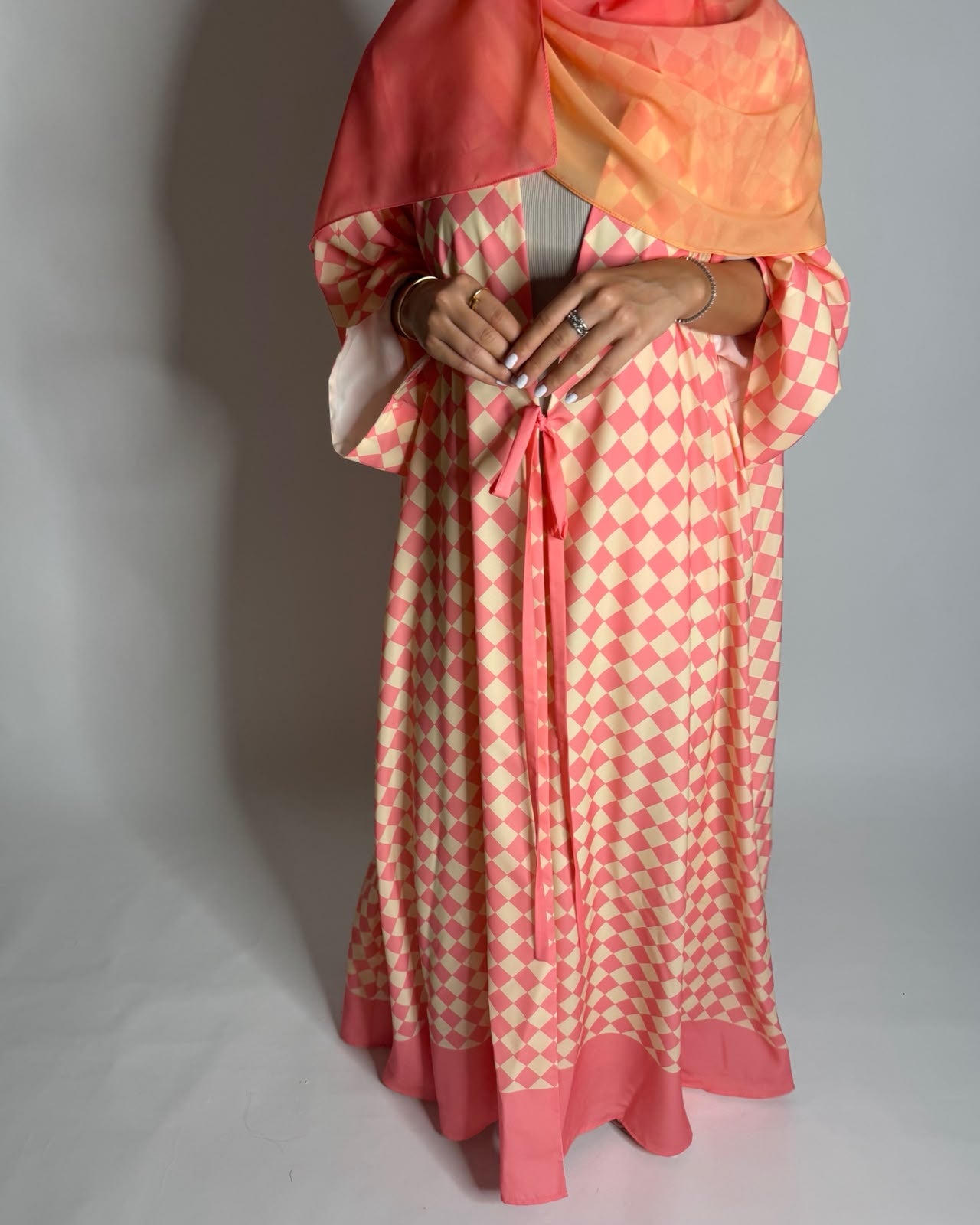 A629 - Pink & Yellow Checkered A-CUT Abaya with Matching Ombre Head Scarf