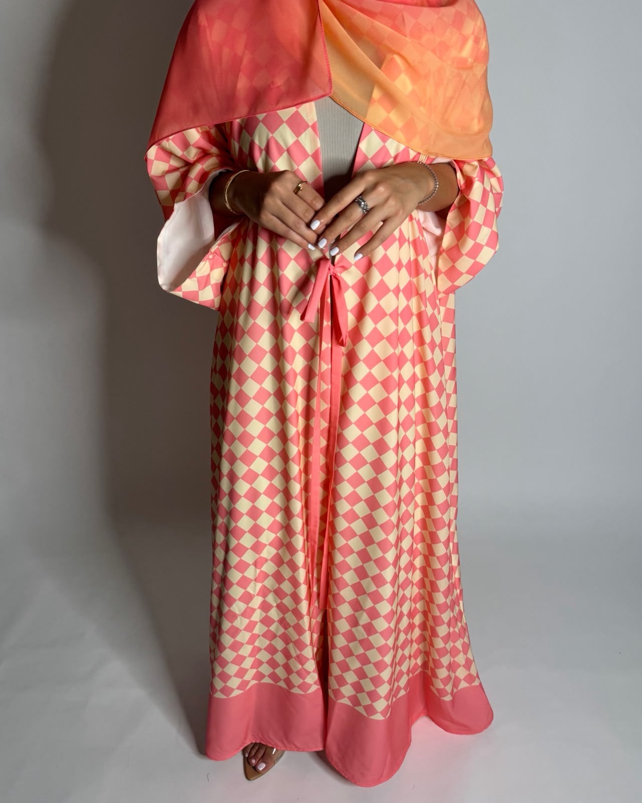 A629 - Pink & Yellow Checkered A-CUT Abaya with Matching Ombre Head Scarf