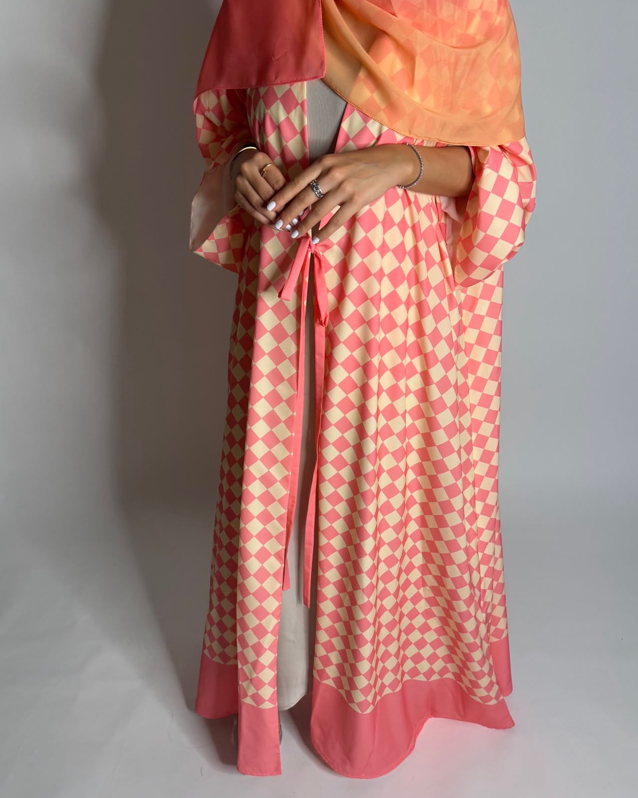 A629 - Pink & Yellow Checkered A-CUT Abaya with Matching Ombre Head Scarf