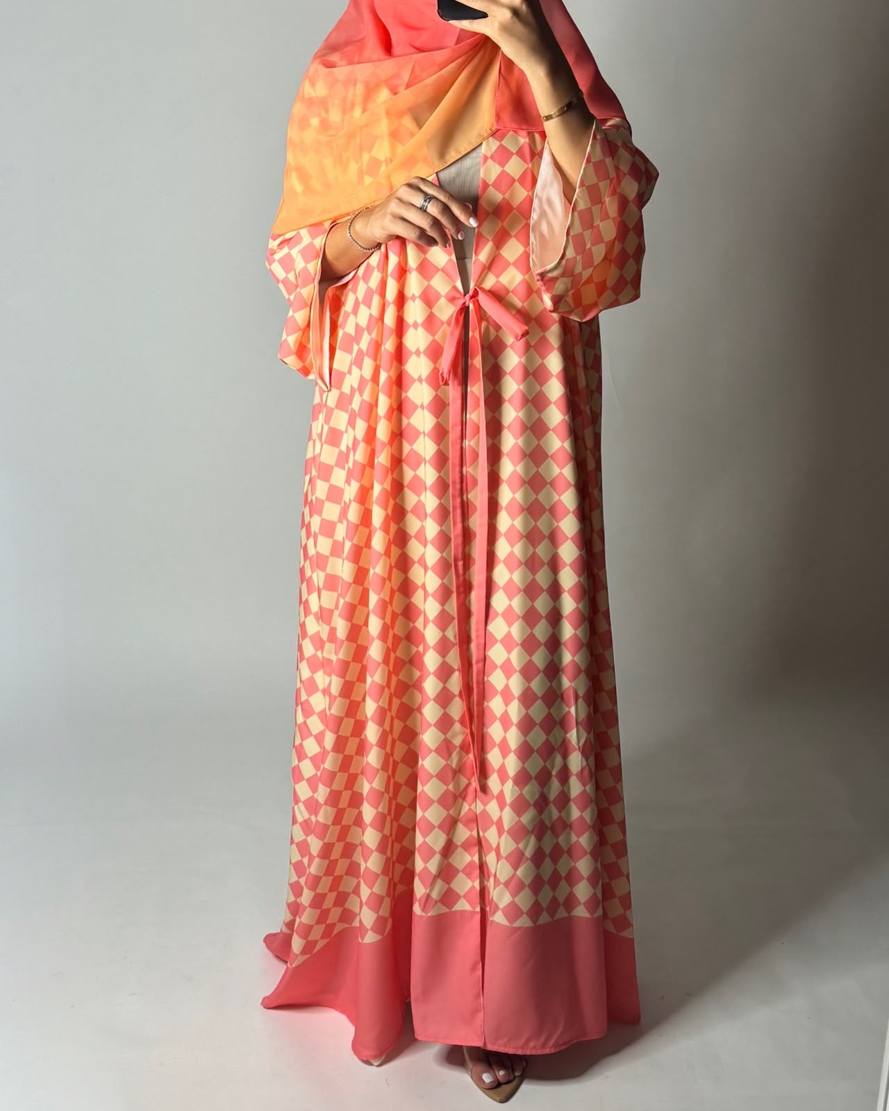 A629 - Pink & Yellow Checkered A-CUT Abaya with Matching Ombre Head Scarf