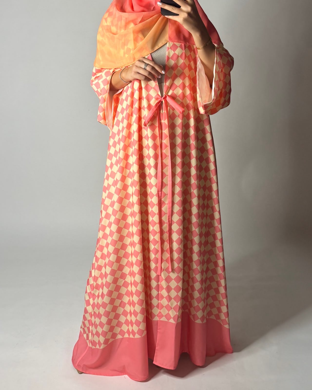 A629 - Pink & Yellow Checkered A-CUT Abaya with Matching Ombre Head Scarf
