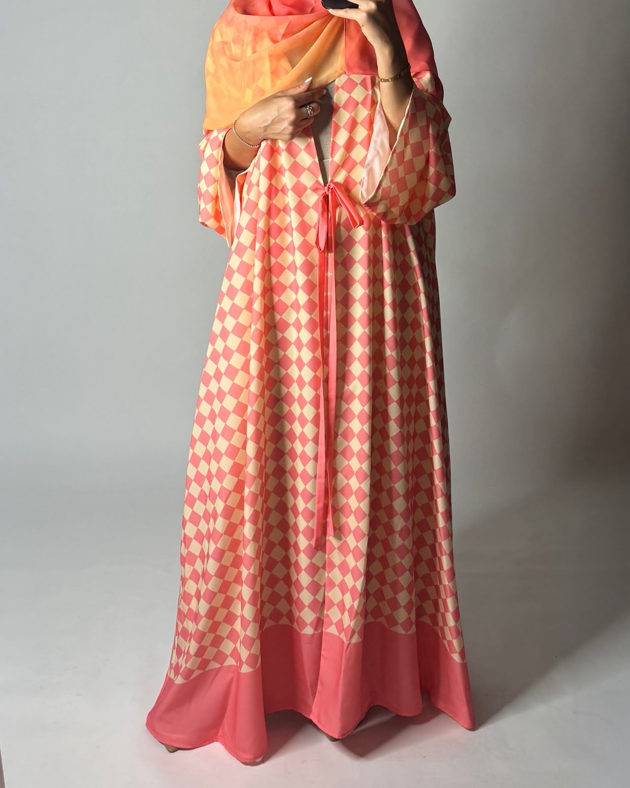 A629 - Pink & Yellow Checkered A-CUT Abaya with Matching Ombre Head Scarf