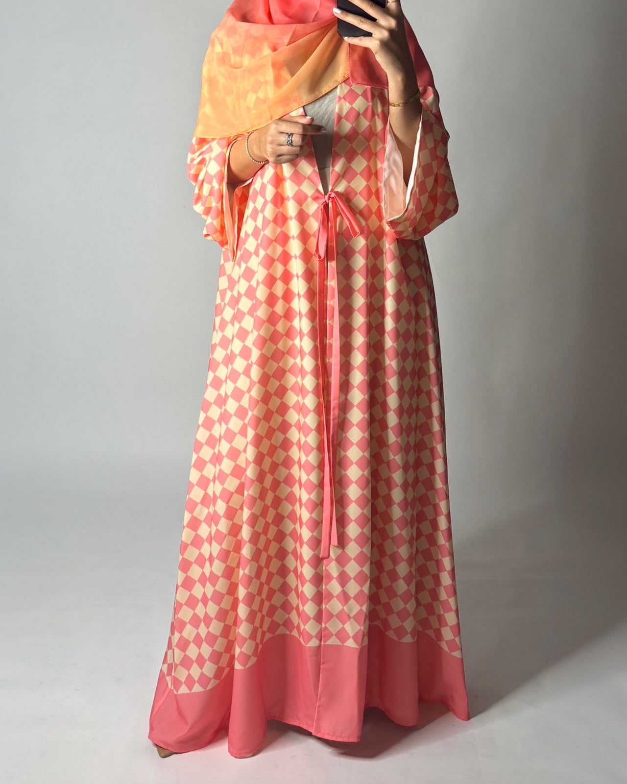 A629 - Pink & Yellow Checkered A-CUT Abaya with Matching Ombre Head Scarf