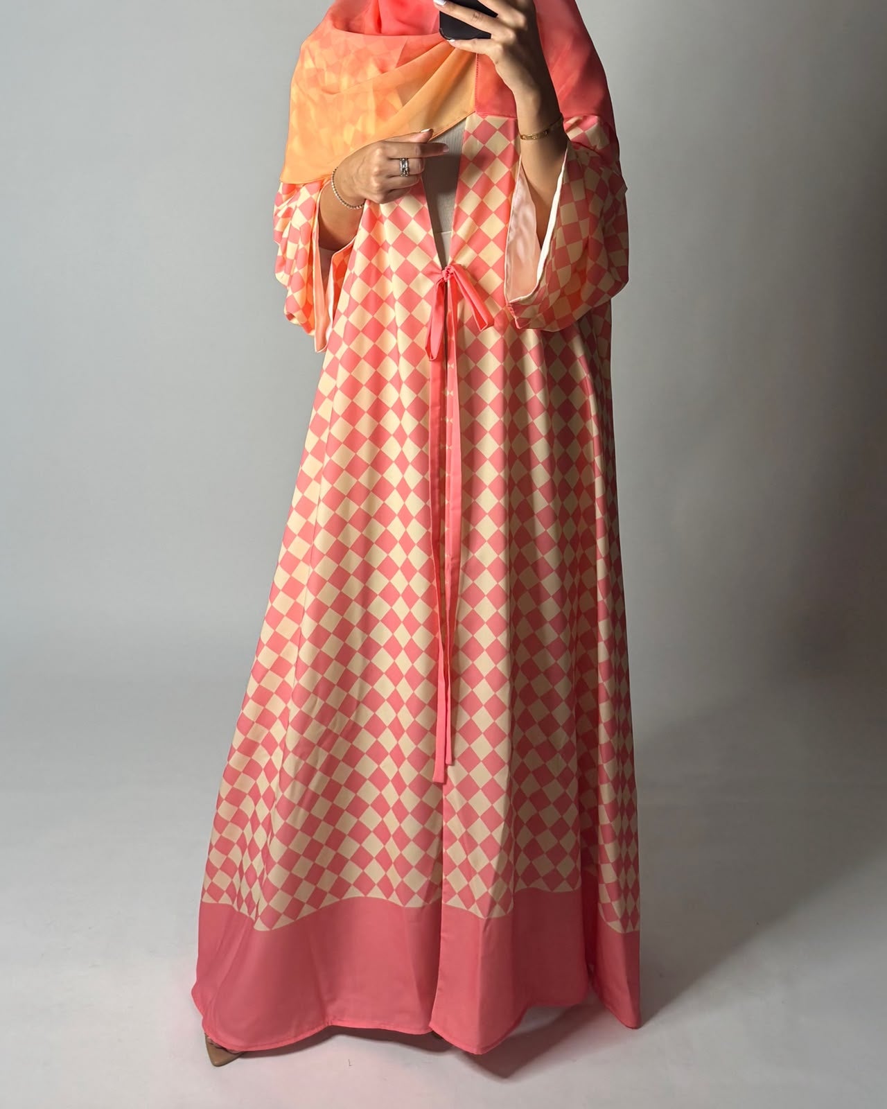 A629 - Pink & Yellow Checkered A-CUT Abaya with Matching Ombre Head Scarf