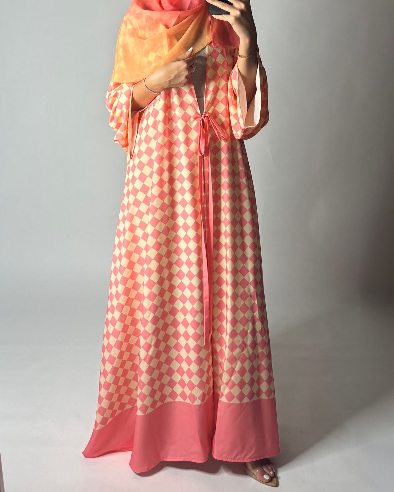 A629 - Pink & Yellow Checkered A-CUT Abaya with Matching Ombre Head Scarf