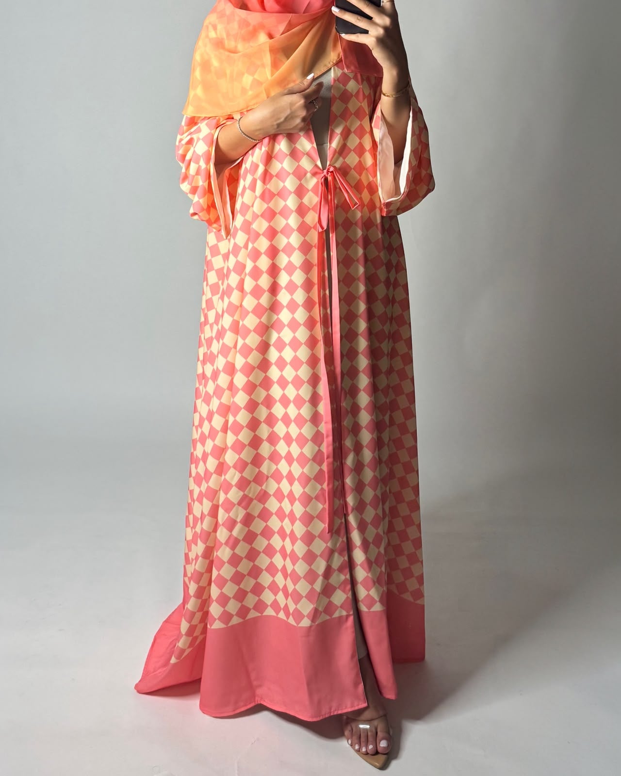 A629 - Pink & Yellow Checkered A-CUT Abaya with Matching Ombre Head Scarf
