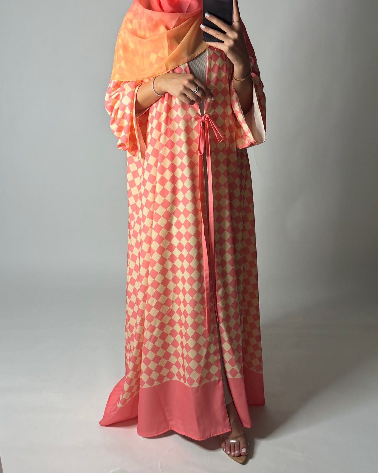 A629 - Pink & Yellow Checkered A-CUT Abaya with Matching Ombre Head Scarf