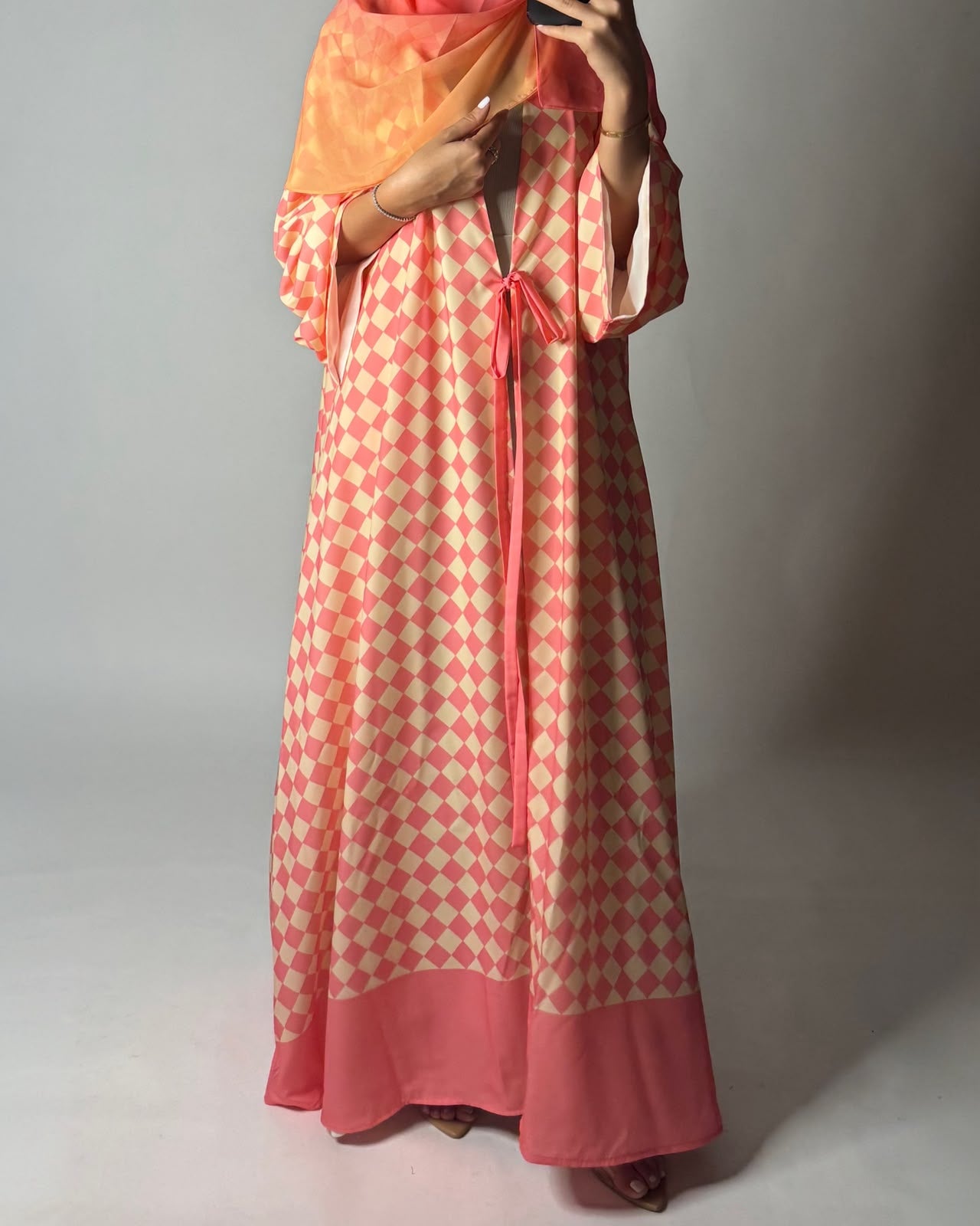 A629 - Pink & Yellow Checkered A-CUT Abaya with Matching Ombre Head Scarf