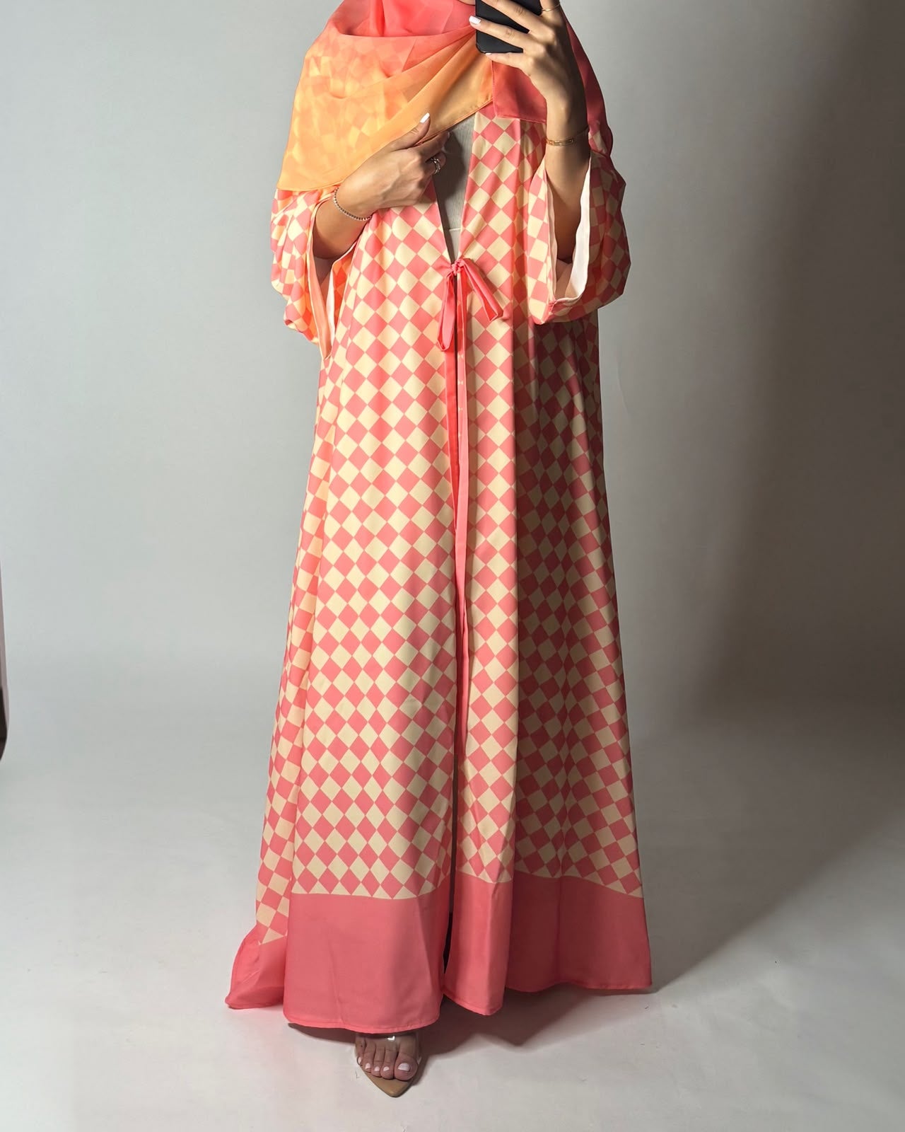 A629 - Pink & Yellow Checkered A-CUT Abaya with Matching Ombre Head Scarf