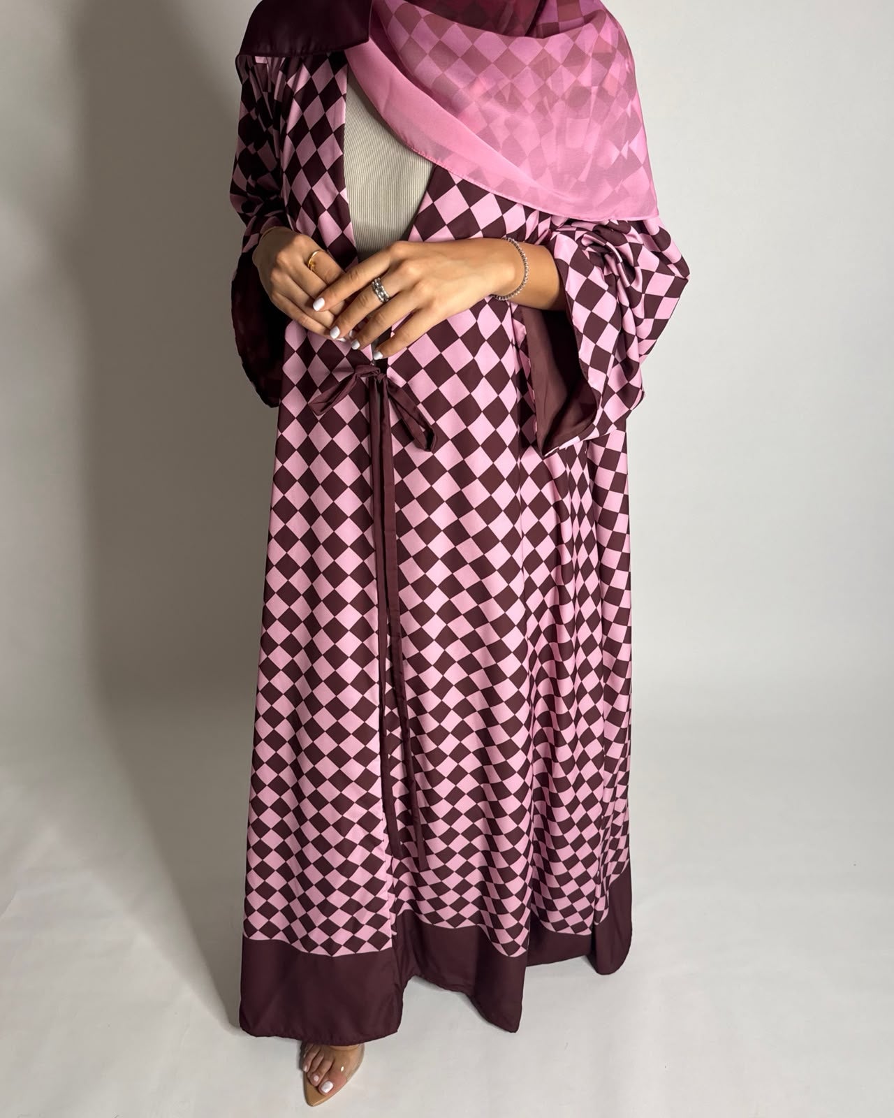 A630 - Maroon & Pink Checkered A-CUT Abaya with Matching Ombre Head Scarf