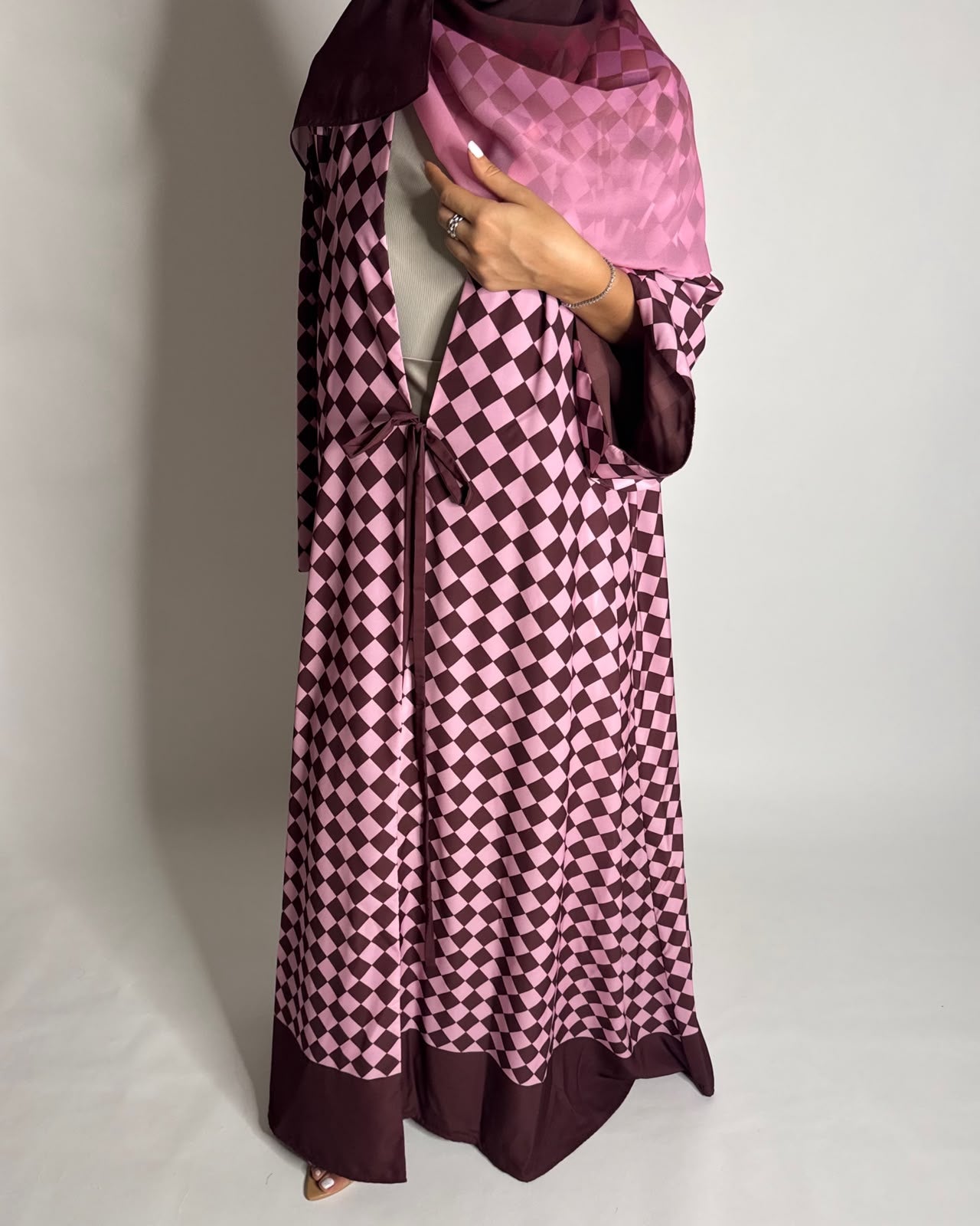 A630 - Maroon & Pink Checkered A-CUT Abaya with Matching Ombre Head Scarf