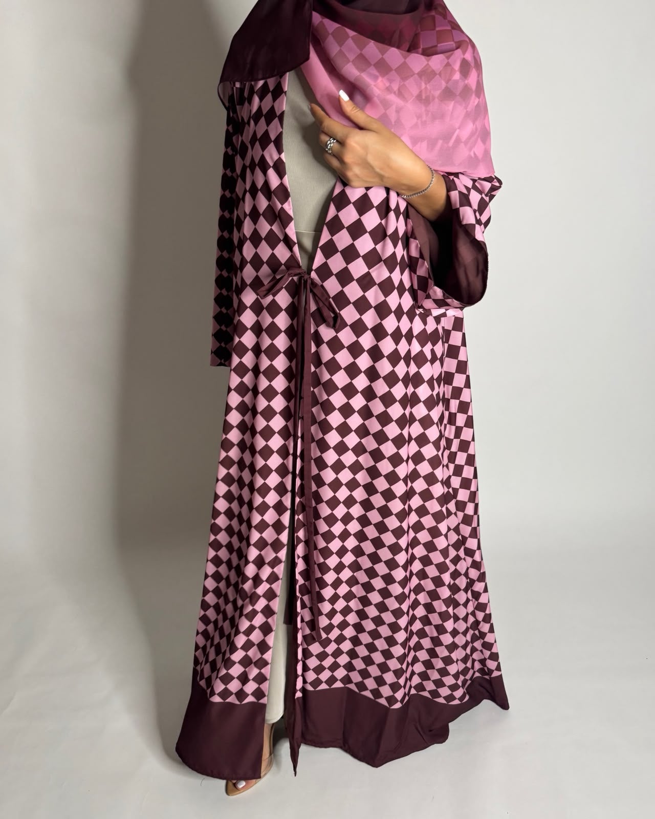 A630 - Maroon & Pink Checkered A-CUT Abaya with Matching Ombre Head Scarf