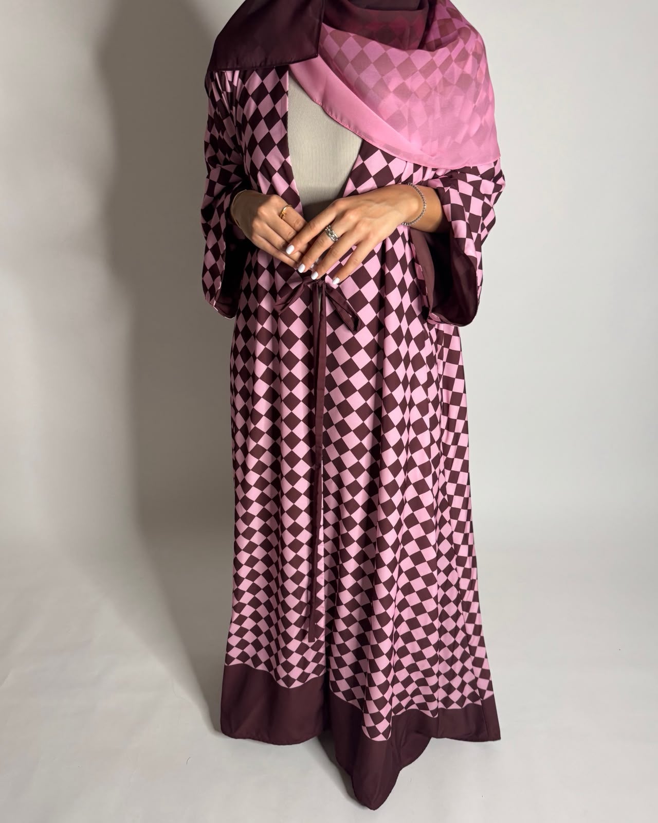 A630 - Maroon & Pink Checkered A-CUT Abaya with Matching Ombre Head Scarf