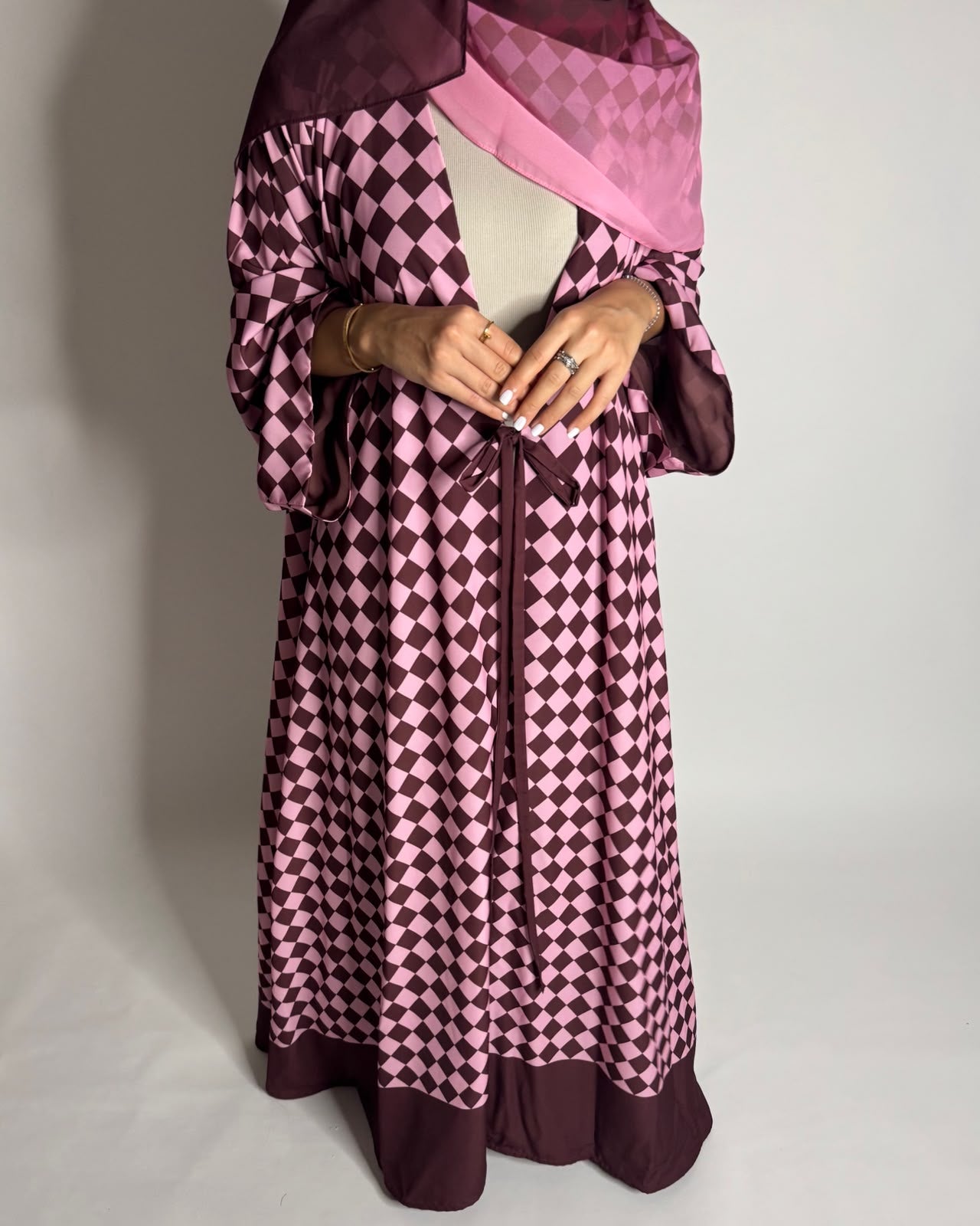 A630 - Maroon & Pink Checkered A-CUT Abaya with Matching Ombre Head Scarf