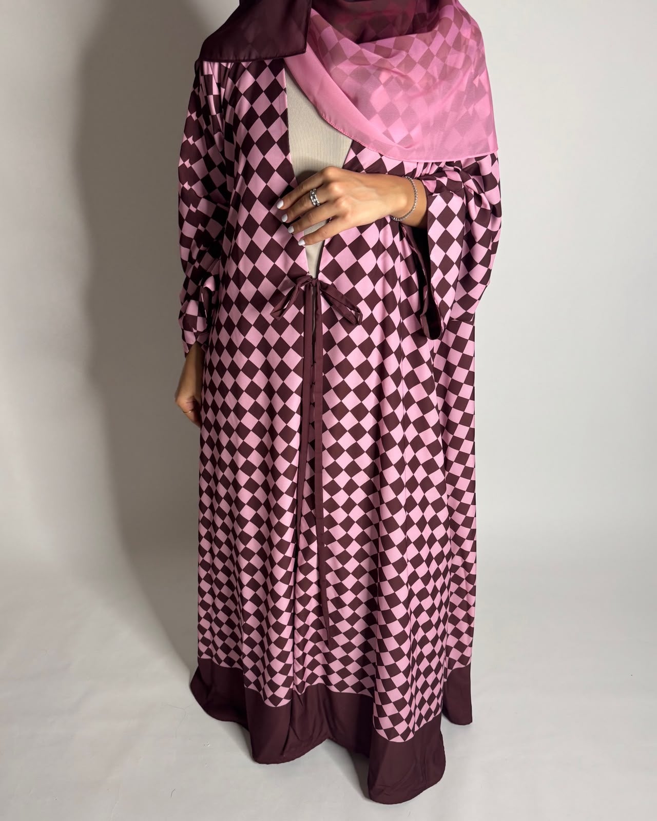 A630 - Maroon & Pink Checkered A-CUT Abaya with Matching Ombre Head Scarf