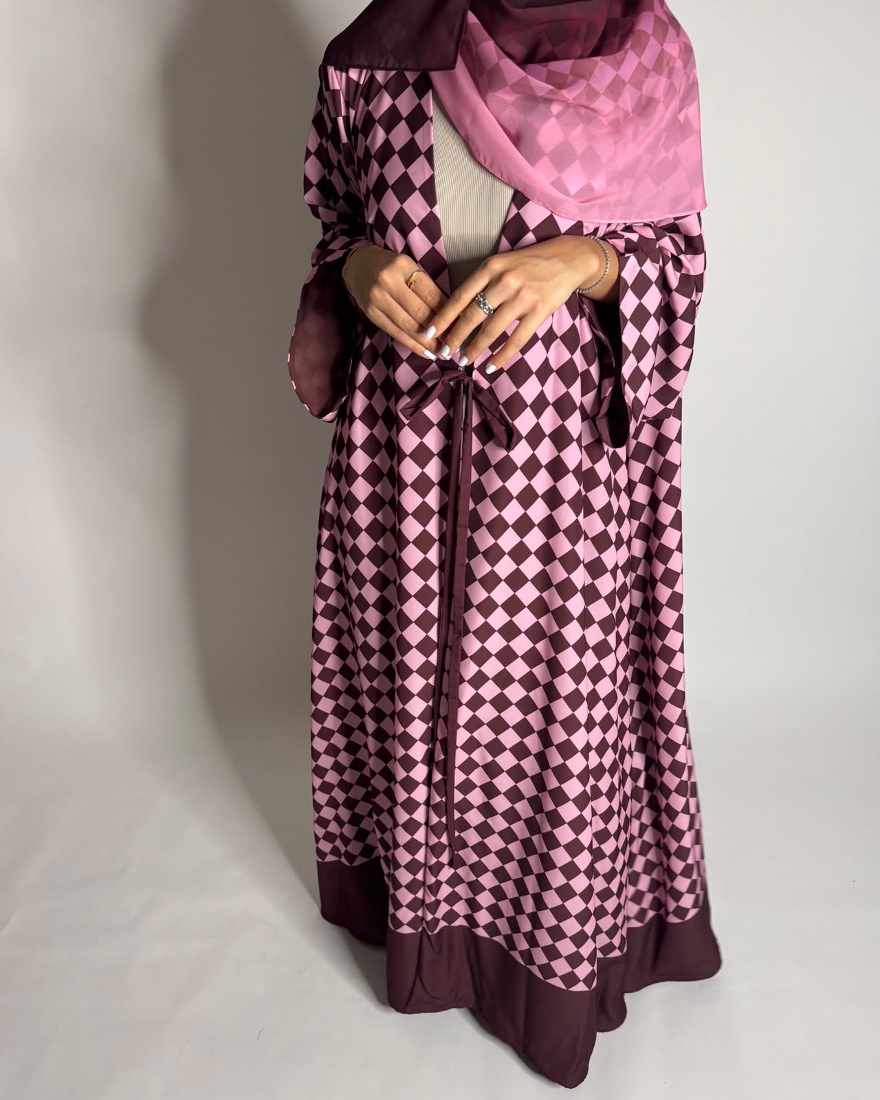 A630 - Maroon & Pink Checkered A-CUT Abaya with Matching Ombre Head Scarf
