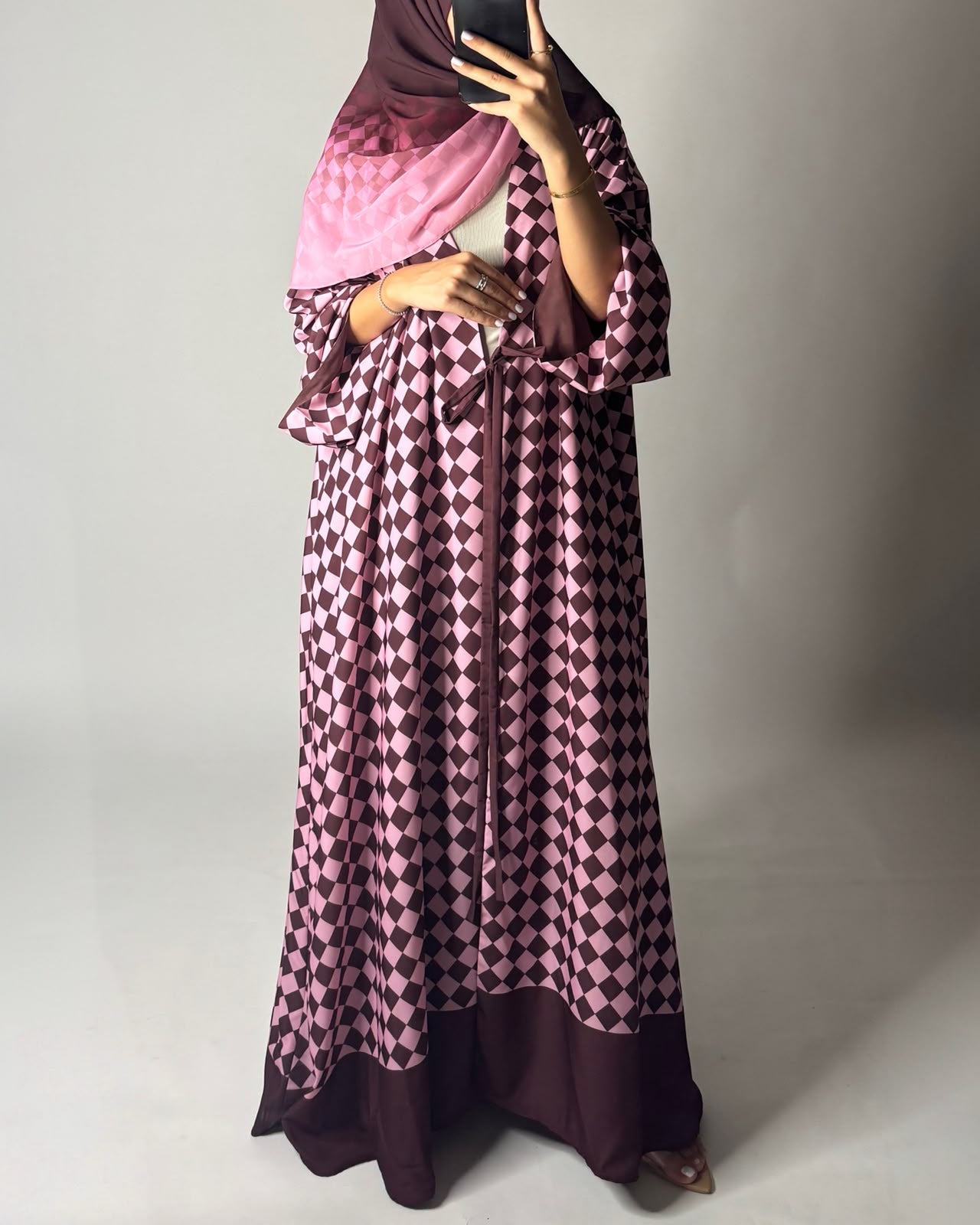 A630 - Maroon & Pink Checkered A-CUT Abaya with Matching Ombre Head Scarf